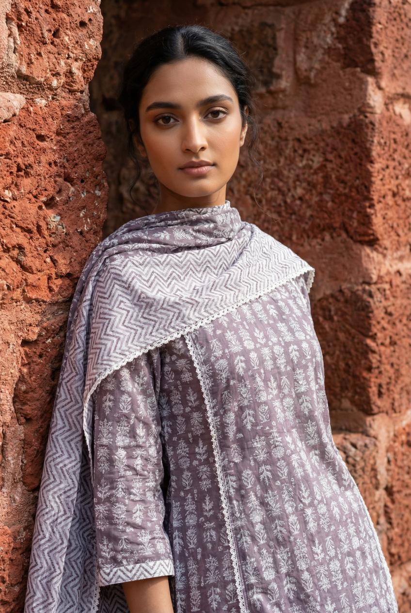 Grey Floral Print Round Neck Cotton Kurta Set With Dupatta