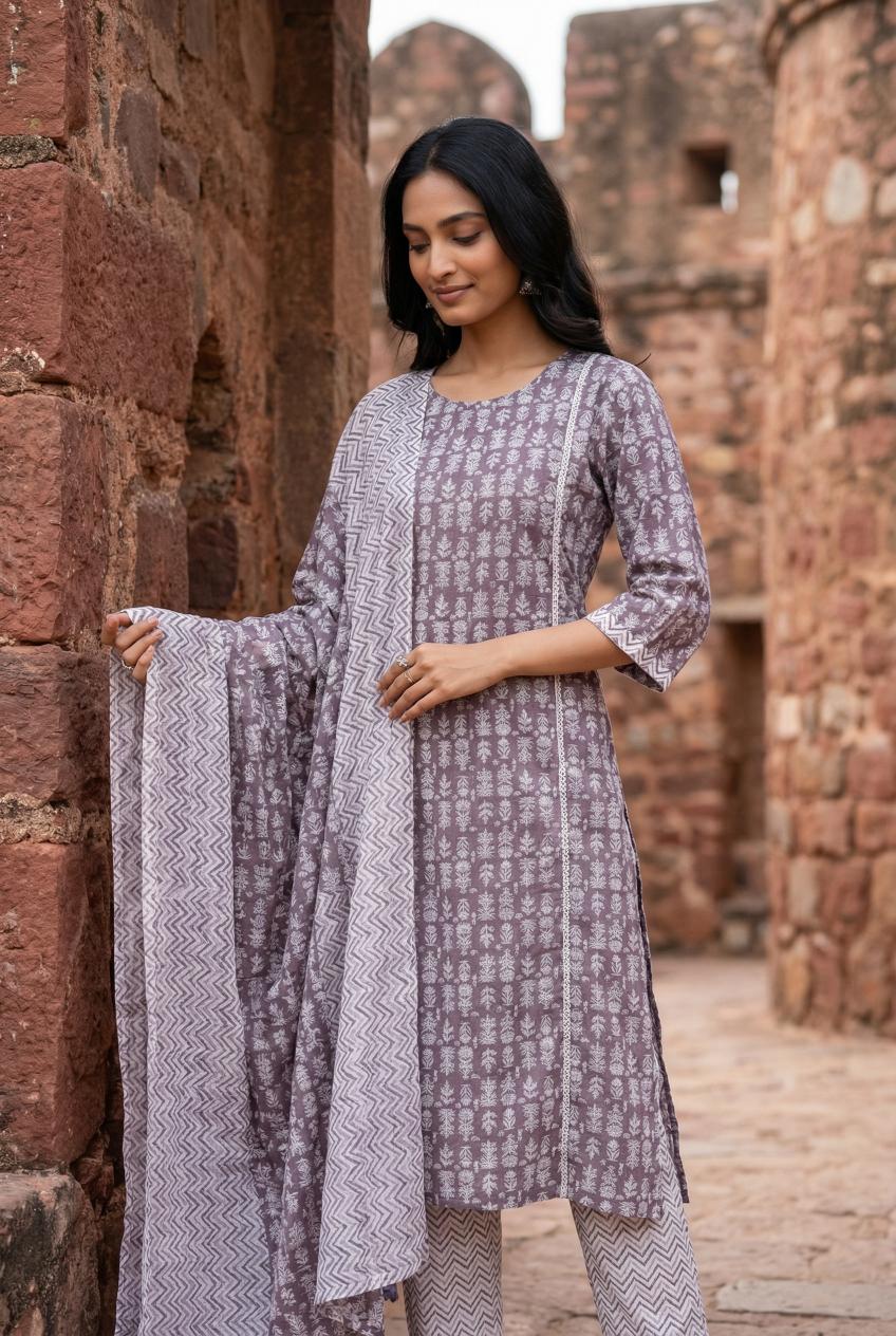 Grey Floral Print Round Neck Cotton Kurta Set With Dupatta