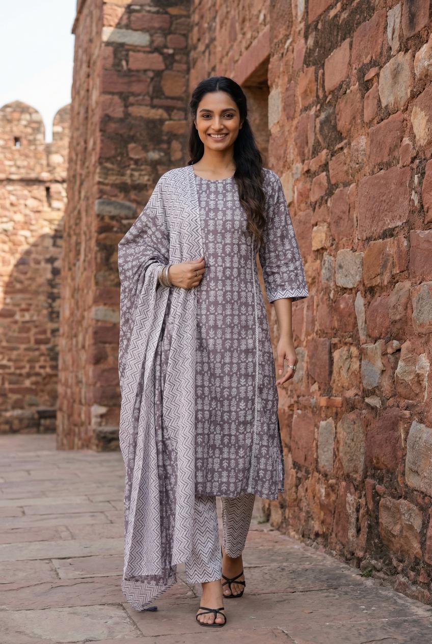 Grey Floral Print Round Neck Cotton Kurta Set With Dupatta