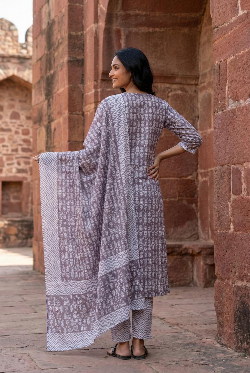 Grey Floral Print Round Neck Cotton Kurta Set With Dupatta