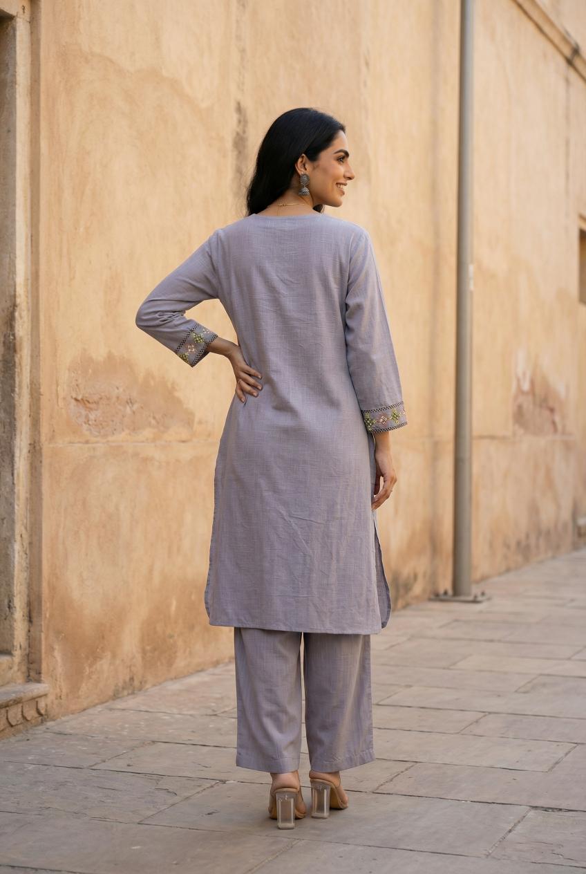 Lavender V-Neck Embroidered Mirror Work Pure Cotton Kurta Set For Women