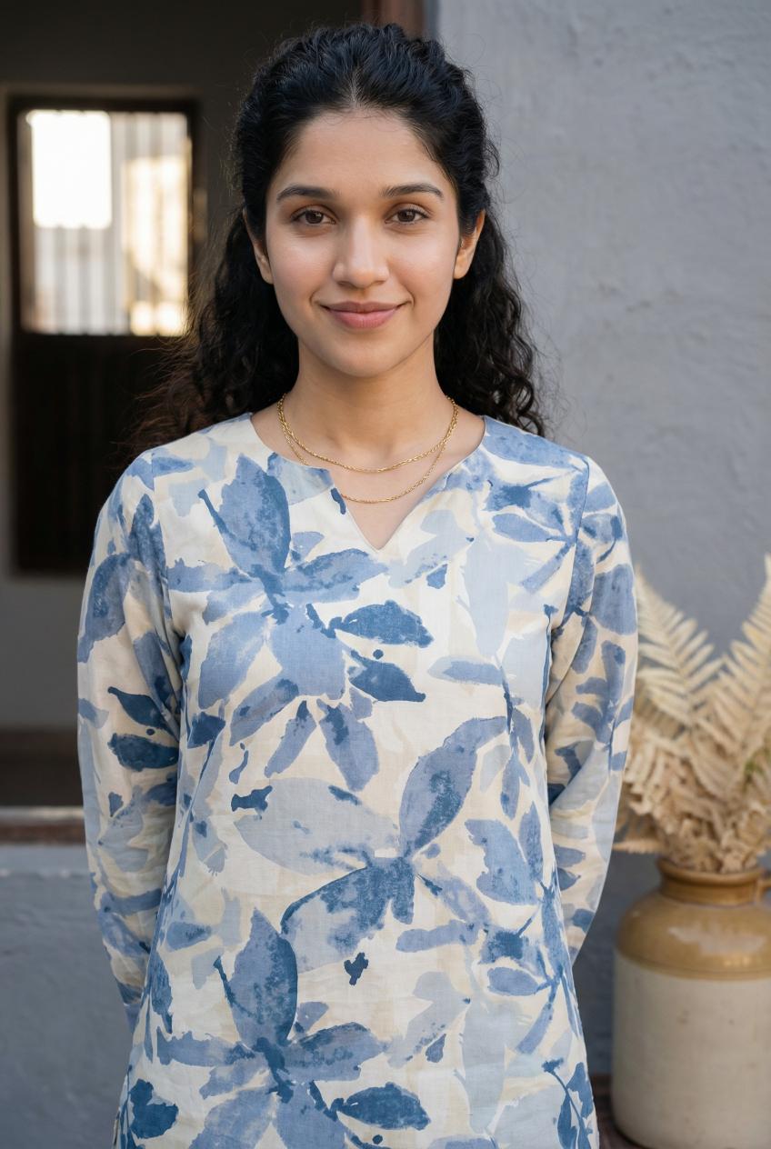 White Floral Print Kurta Set For Women