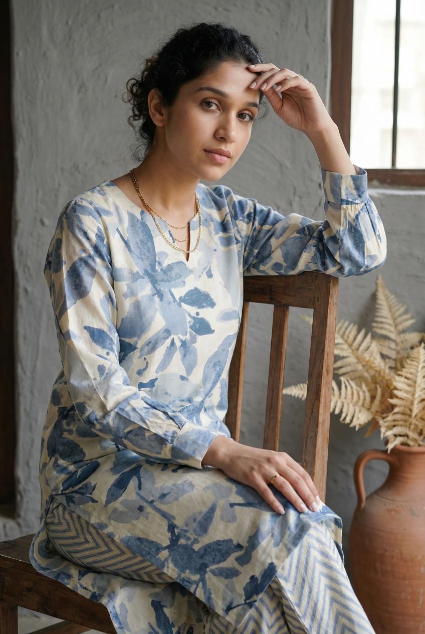 White Floral Print Kurta Set For Women