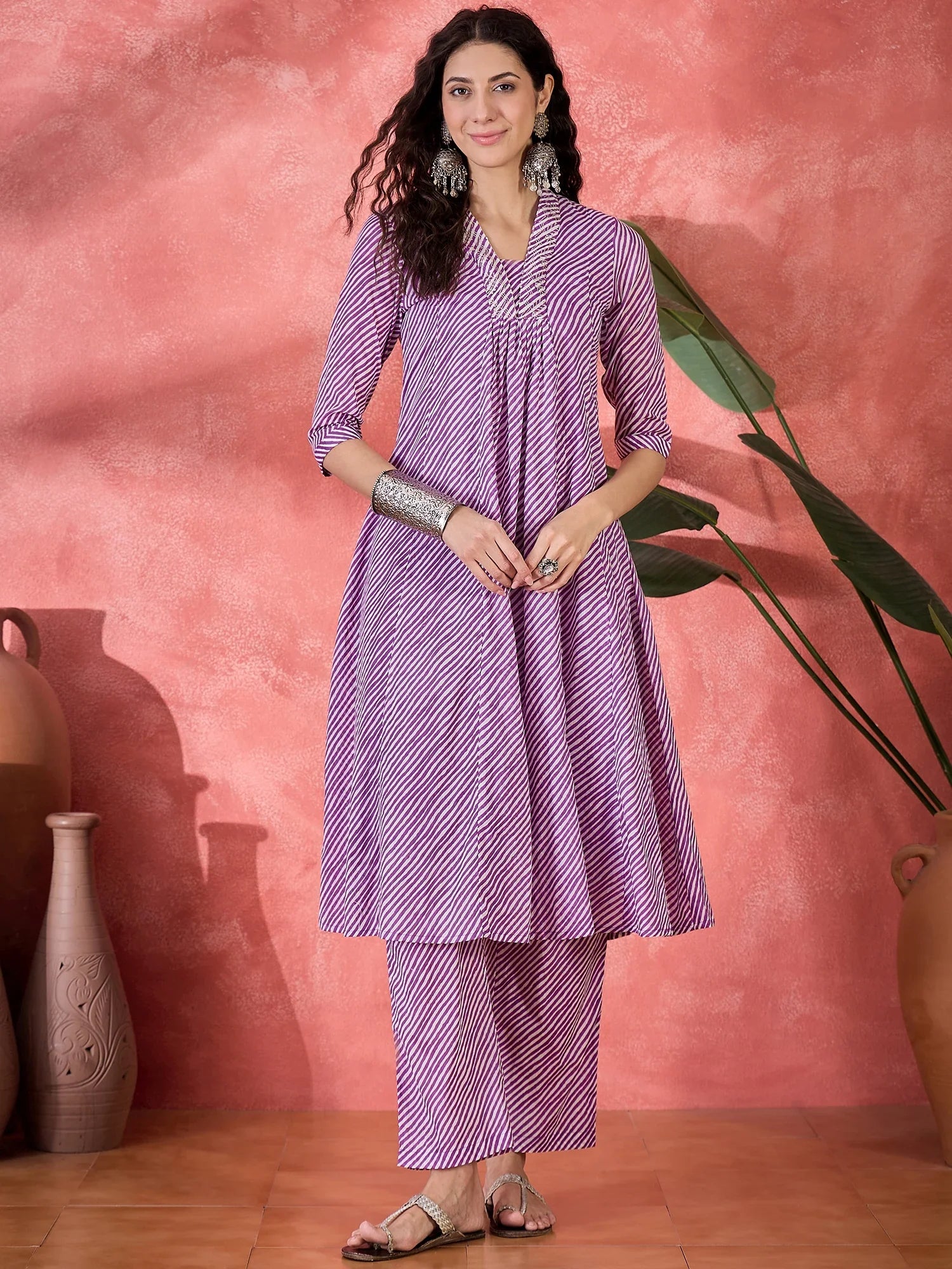 Purple Muslin Calf Length V-Neck Kurta set for Women - SanskrutiHomes
