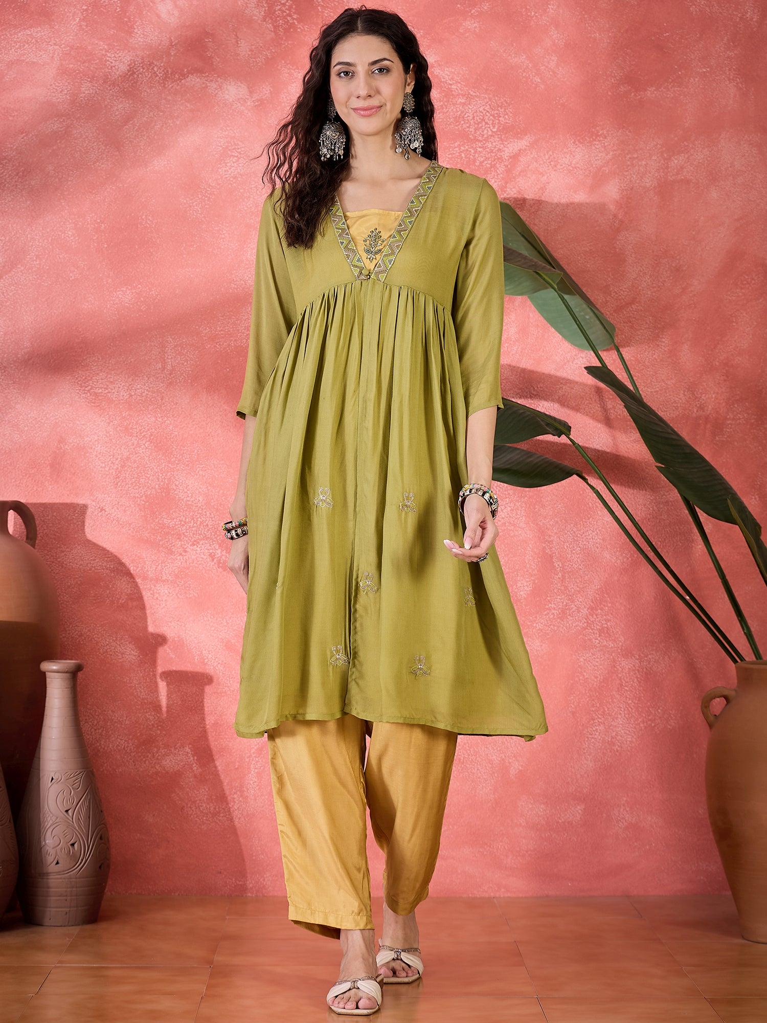 Green Viscose Calf Length V-Neck Kurta set for Women