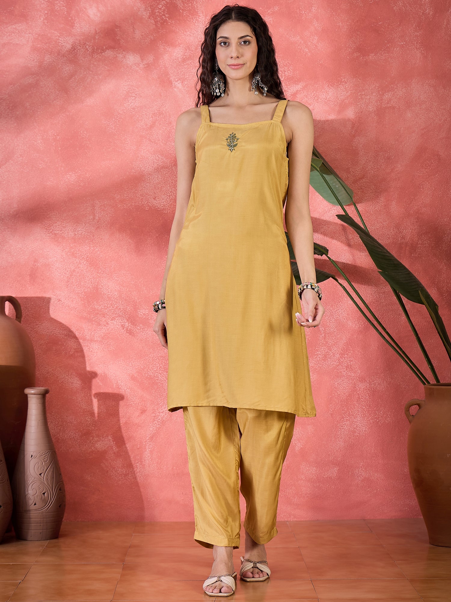 Green Viscose Calf Length V-Neck Kurta set for Women