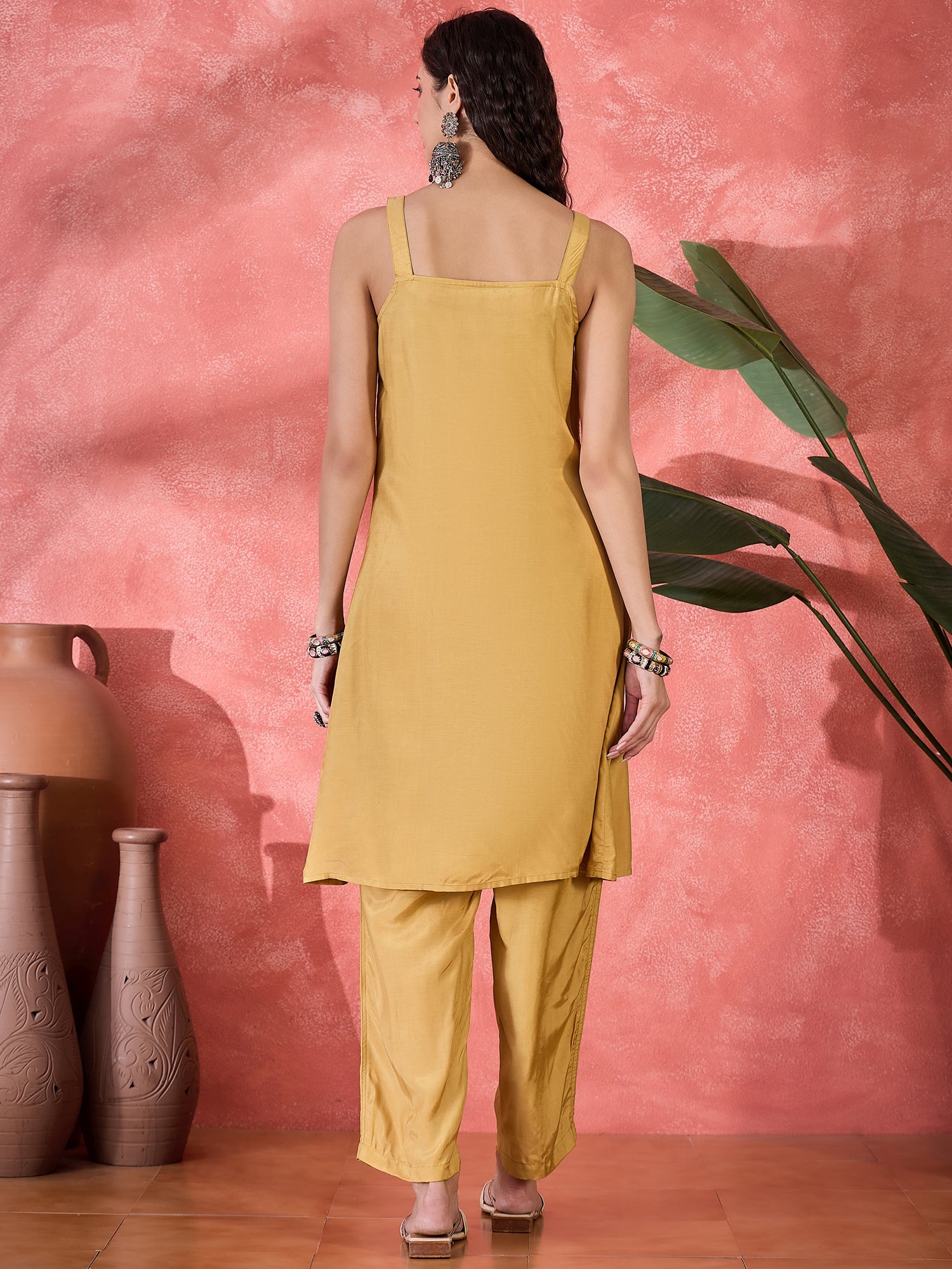 Green Viscose Calf Length V-Neck Kurta set for Women