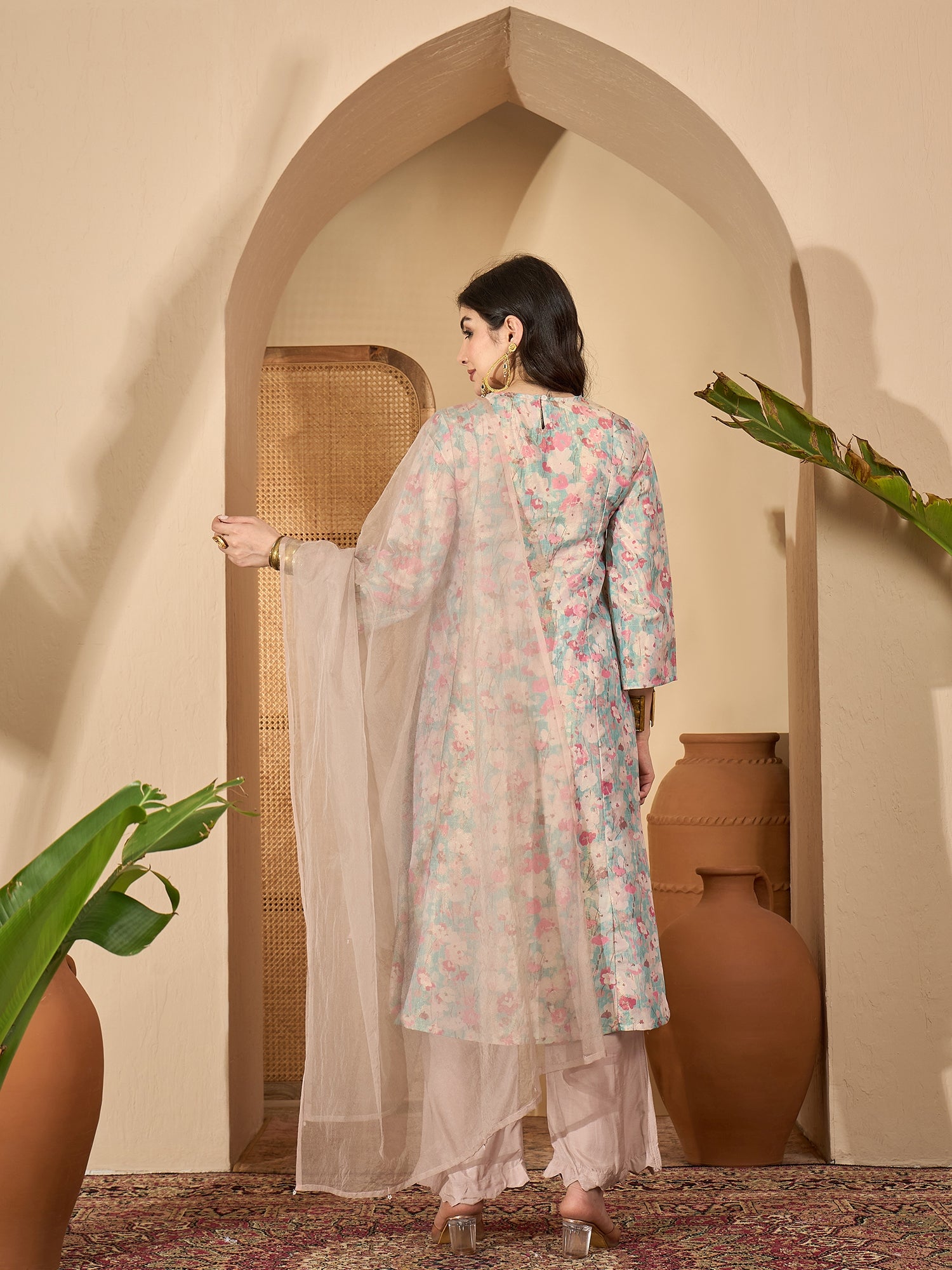 Sea Green Printed Round Neck Viscose Rayon Kurta Set for Women