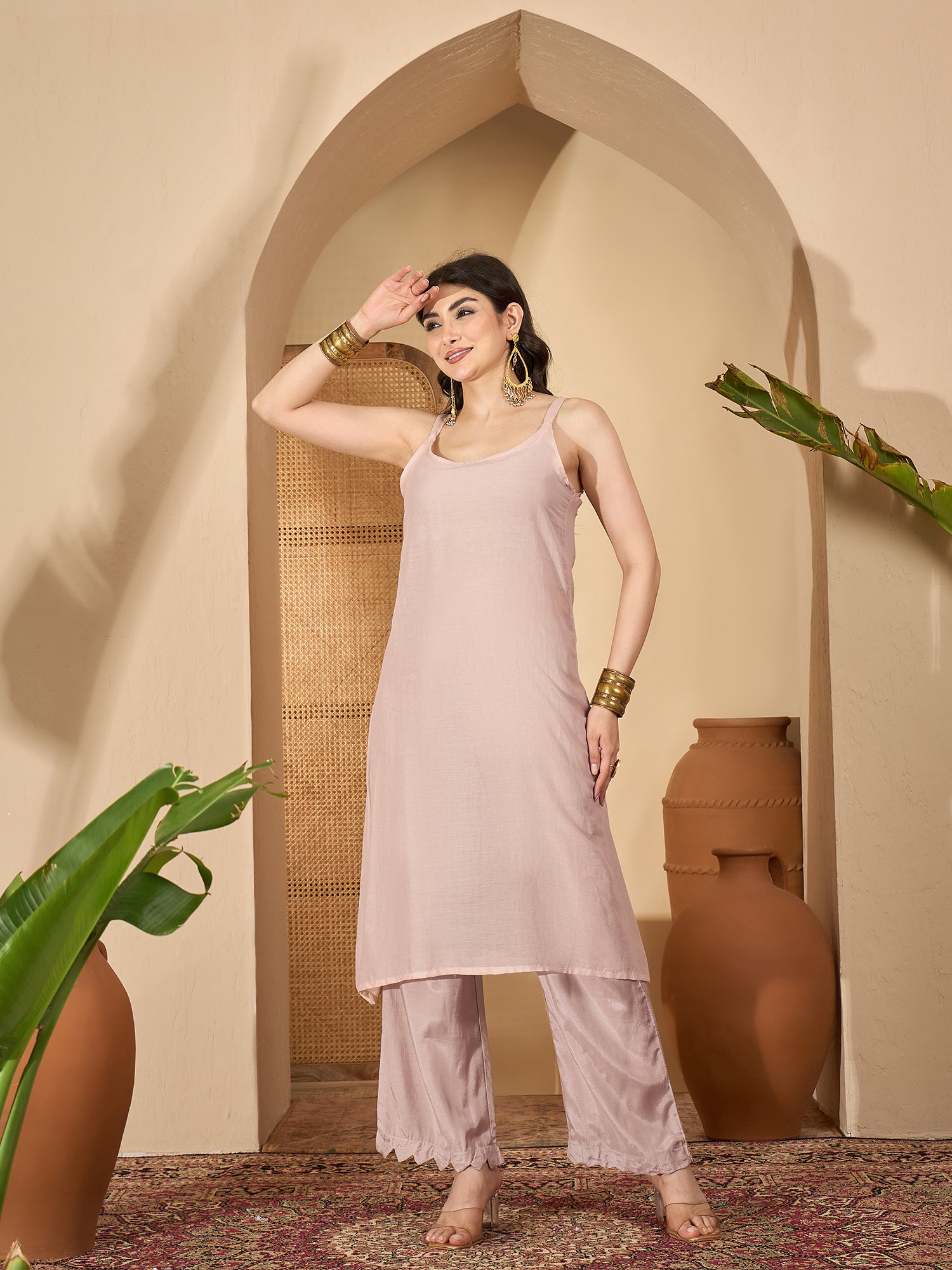 Sea Green Printed Round Neck Viscose Rayon Kurta Set for Women
