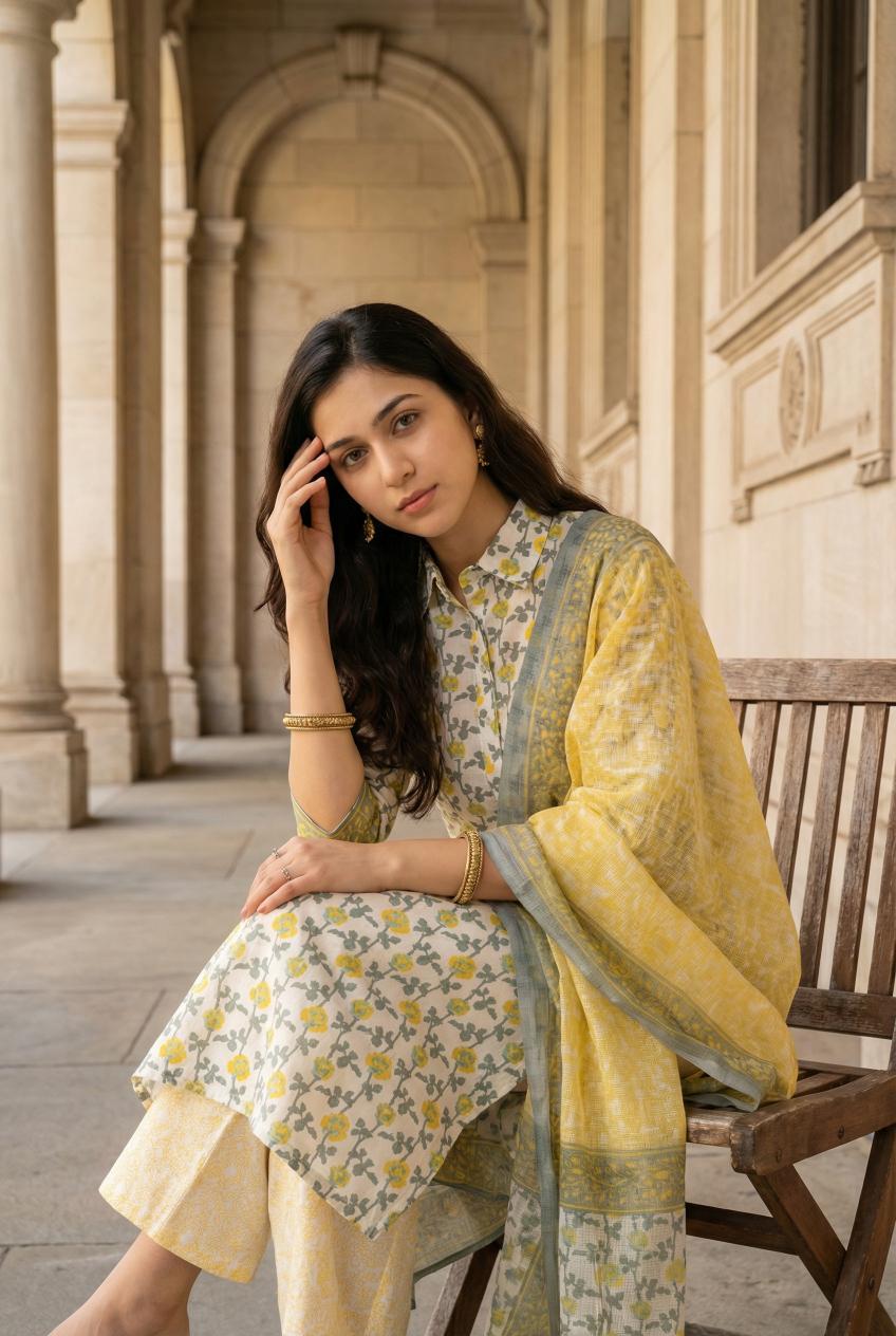 Off White Floral Print Cotton Kurta Set With Dupatta