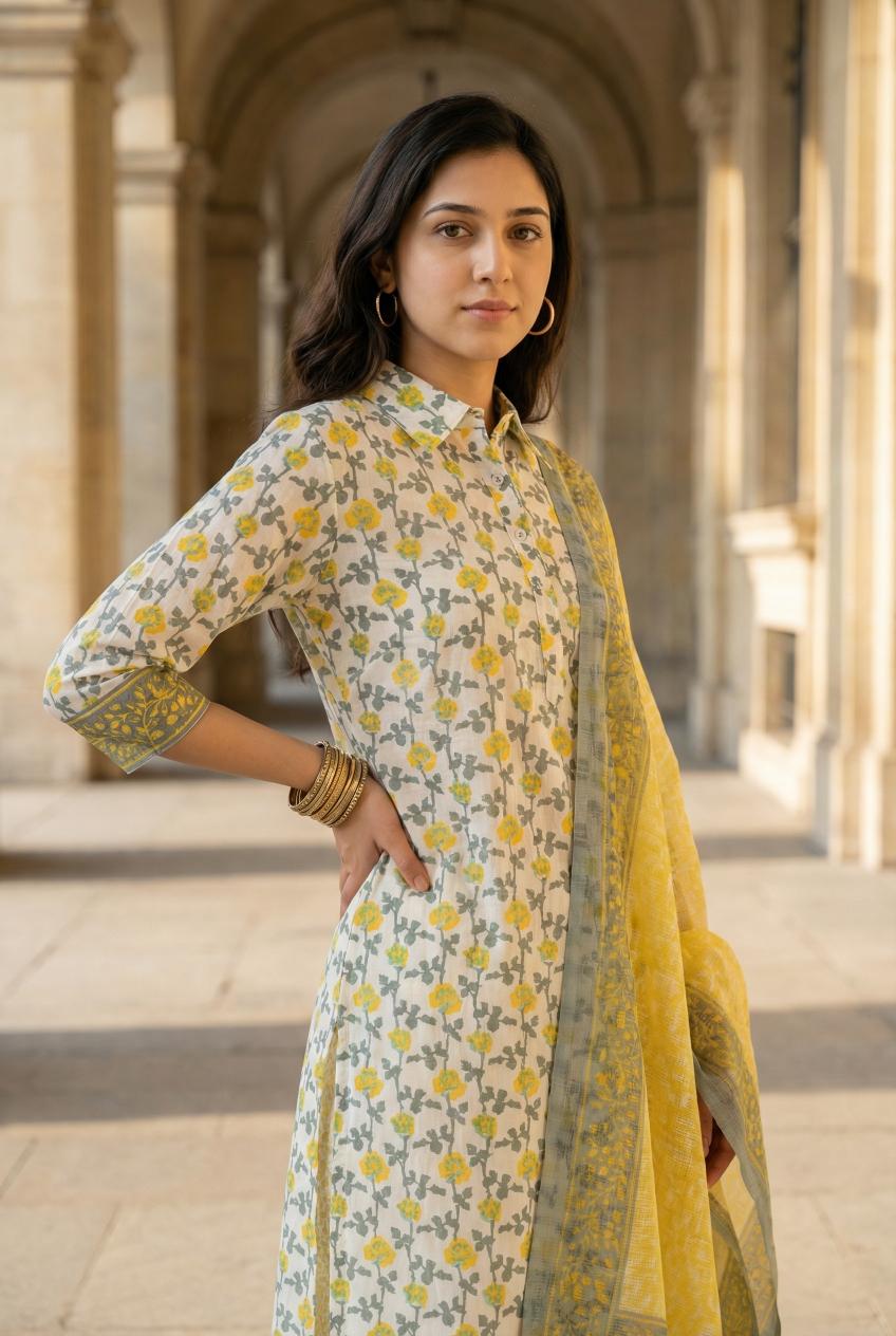 Off White Floral Print Cotton Kurta Set With Dupatta