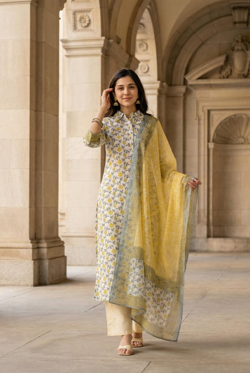 Off White Floral Print Cotton Kurta Set With Dupatta