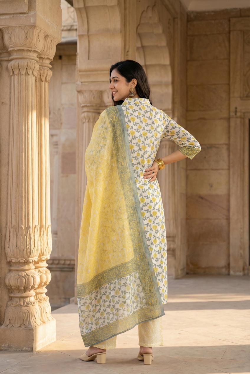 Off White Floral Print Cotton Kurta Set With Dupatta