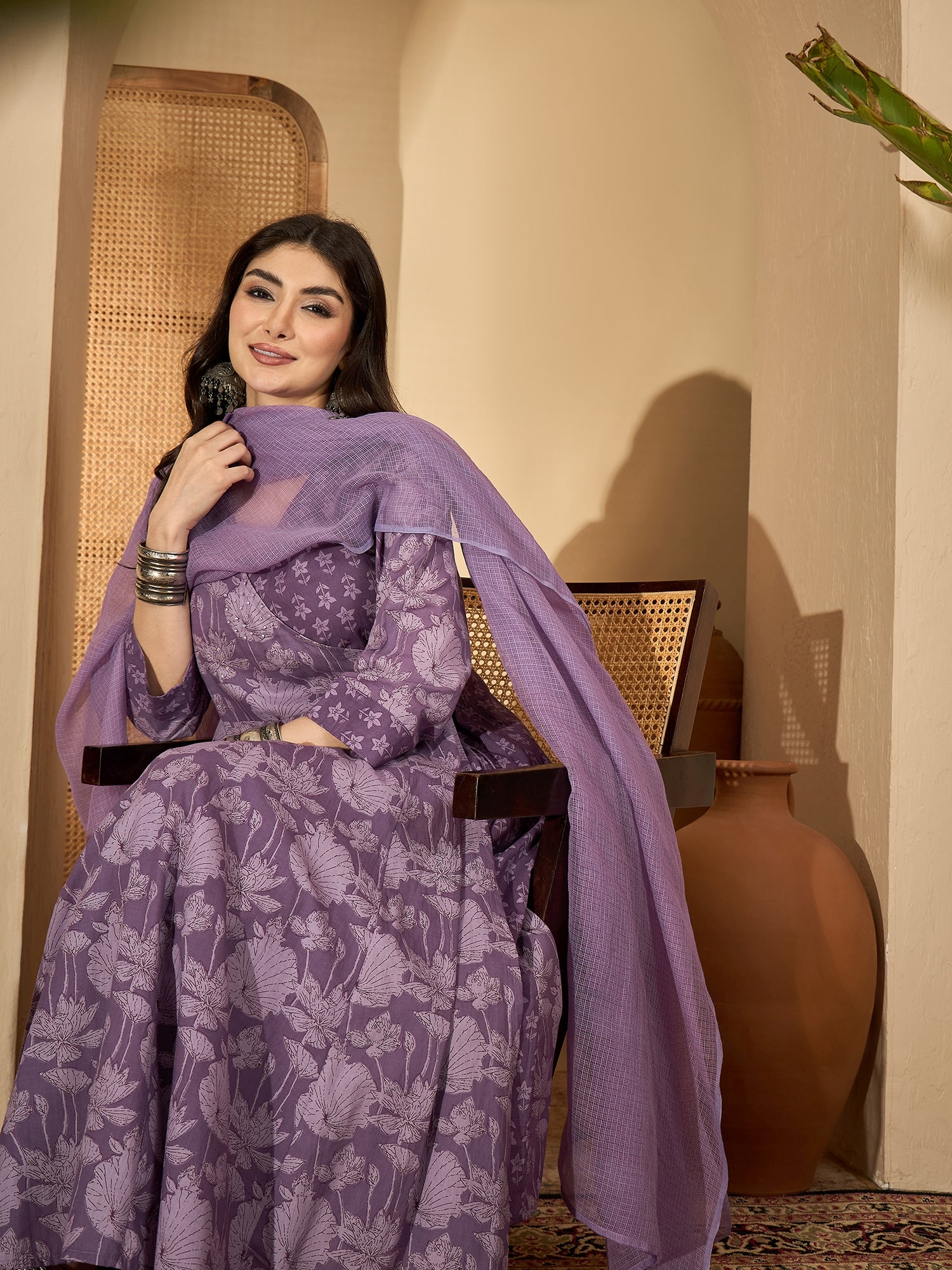 Purple Printed V-Neck Pure Cotton Kurta Set for Women