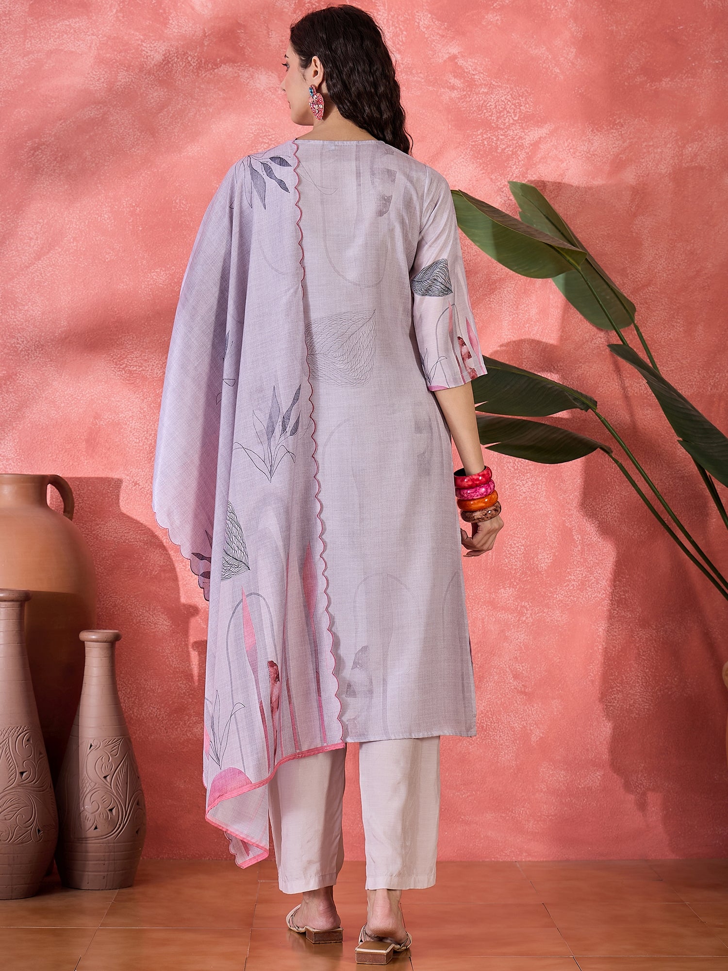 Pink Art Silk V-Neck Floral Kurta Set for Women