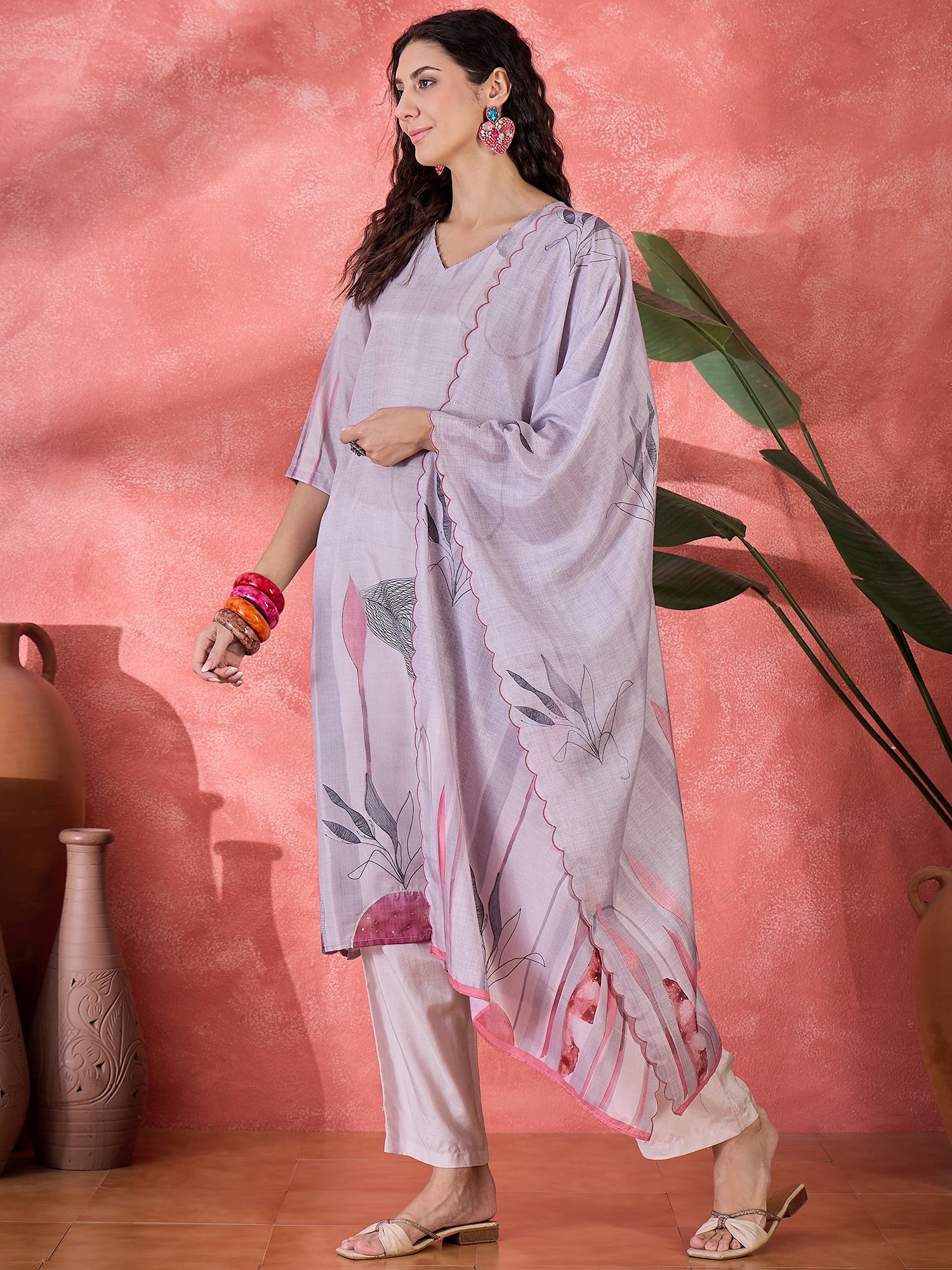 Pink Art Silk V-Neck Floral Kurta Set for Women