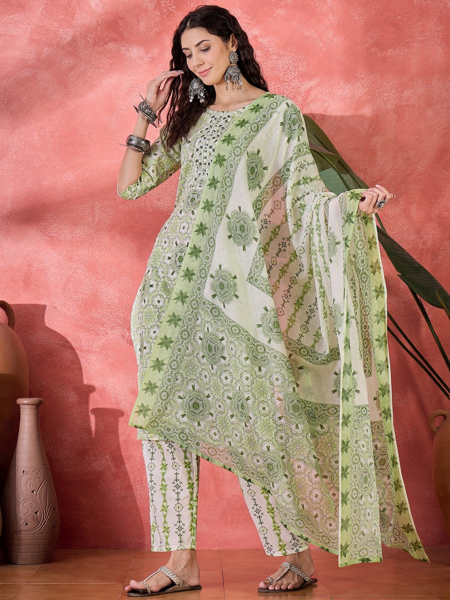 Green Pure Cotton Round Neck Floral Kurta Set for Women - SanskrutiHomes