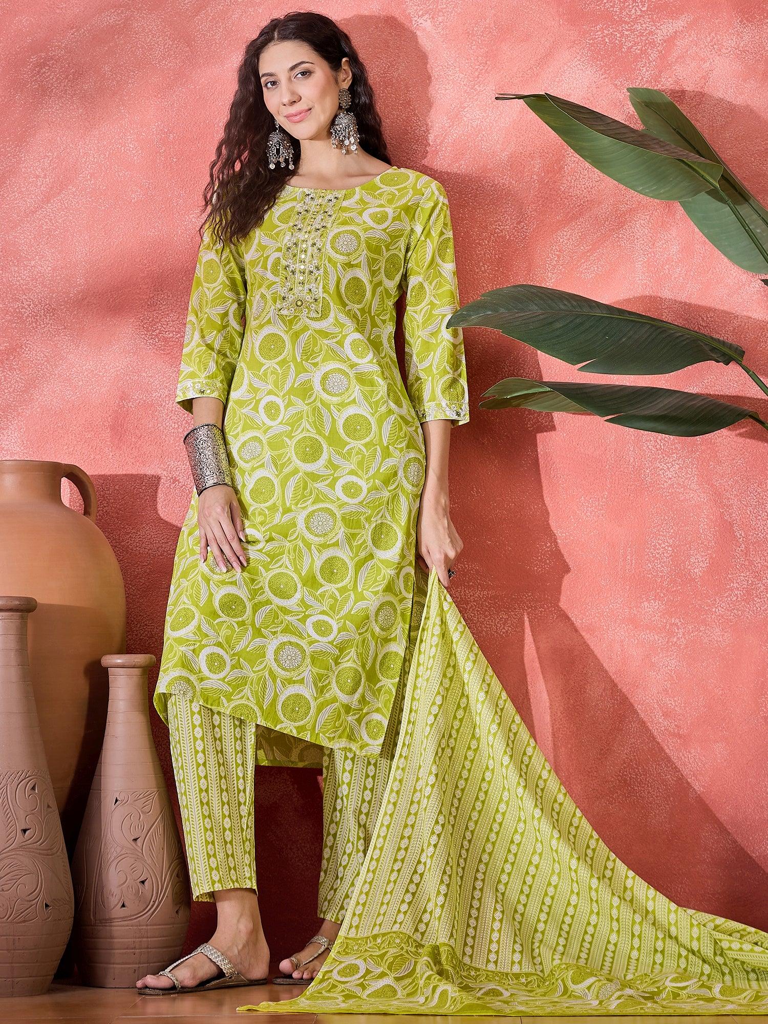Yellow Pure Cotton Round Neck Floral Kurta Set for Women - SanskrutiHomes