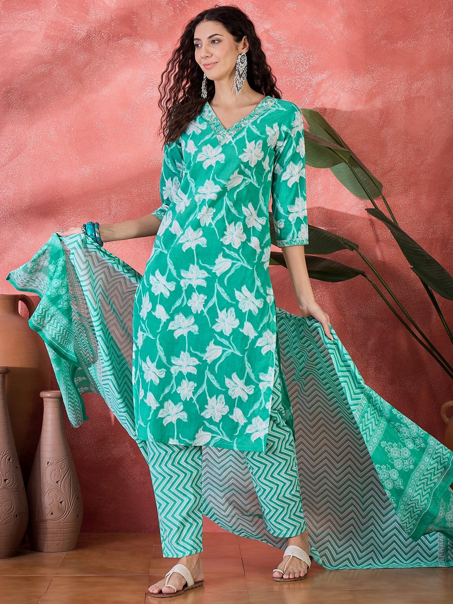 Sea Green Pure Cotton V-Neck Floral Kurta Set for Women - SanskrutiHomes