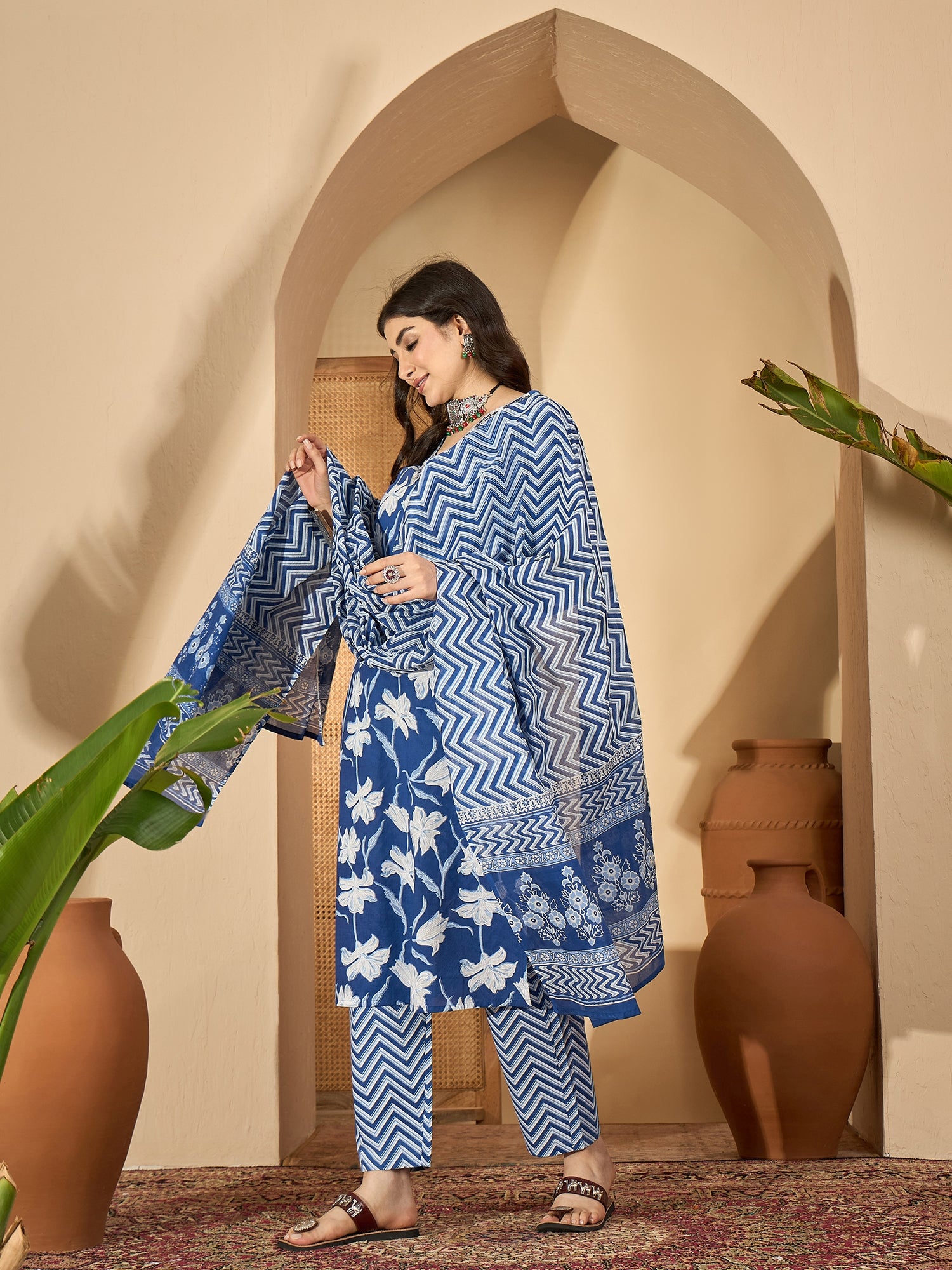 blue Printed Round Neck Pure Cotton Kurta Set for Women