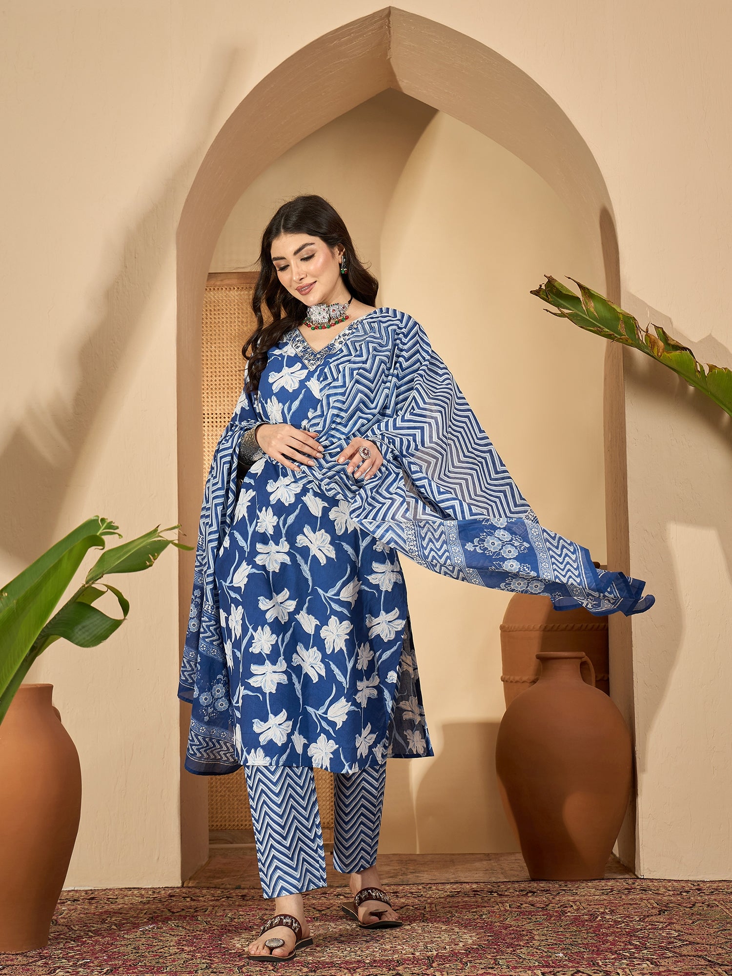 blue Printed Round Neck Pure Cotton Kurta Set for Women