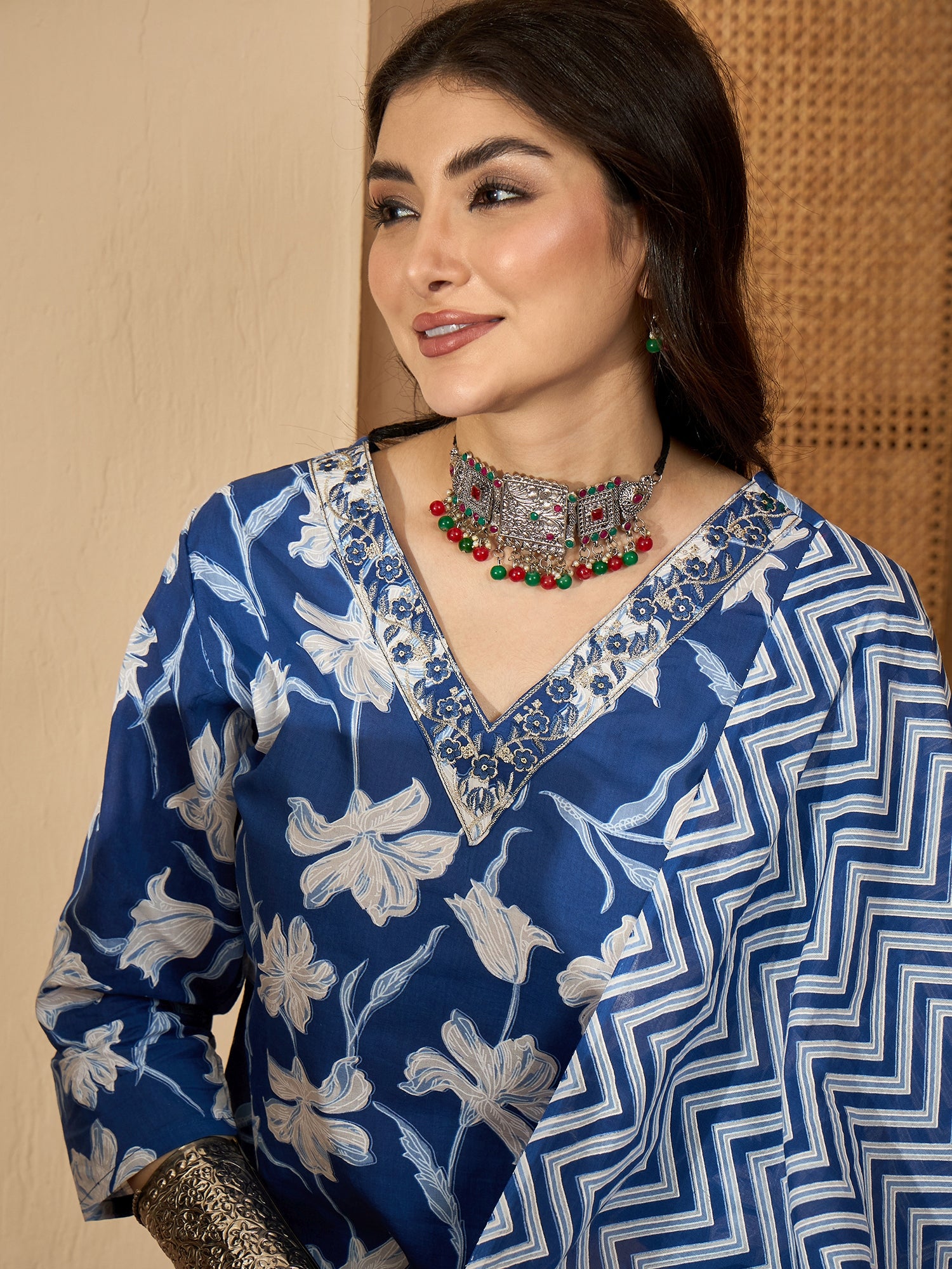 blue Printed Round Neck Pure Cotton Kurta Set for Women