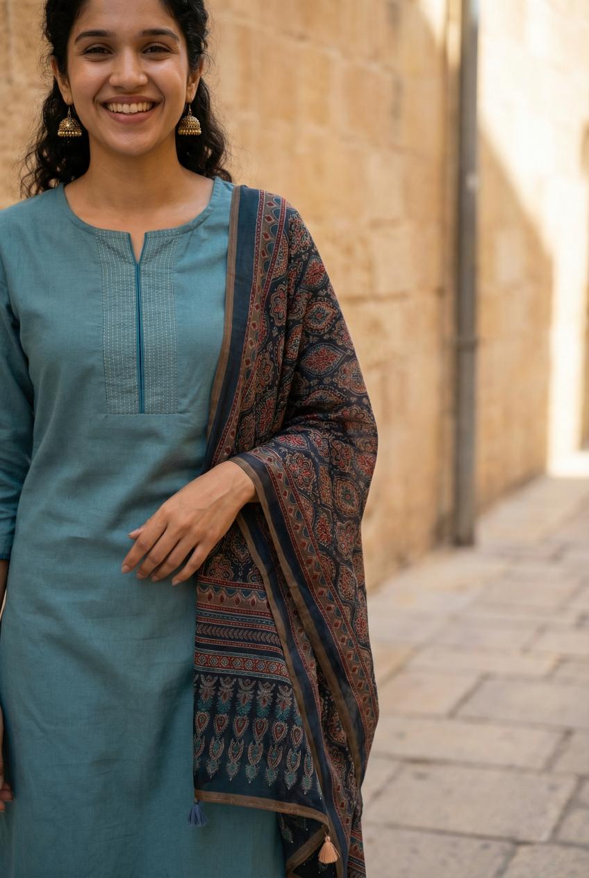 Blue Round Neck Cotton Flex Kurta Set For Women