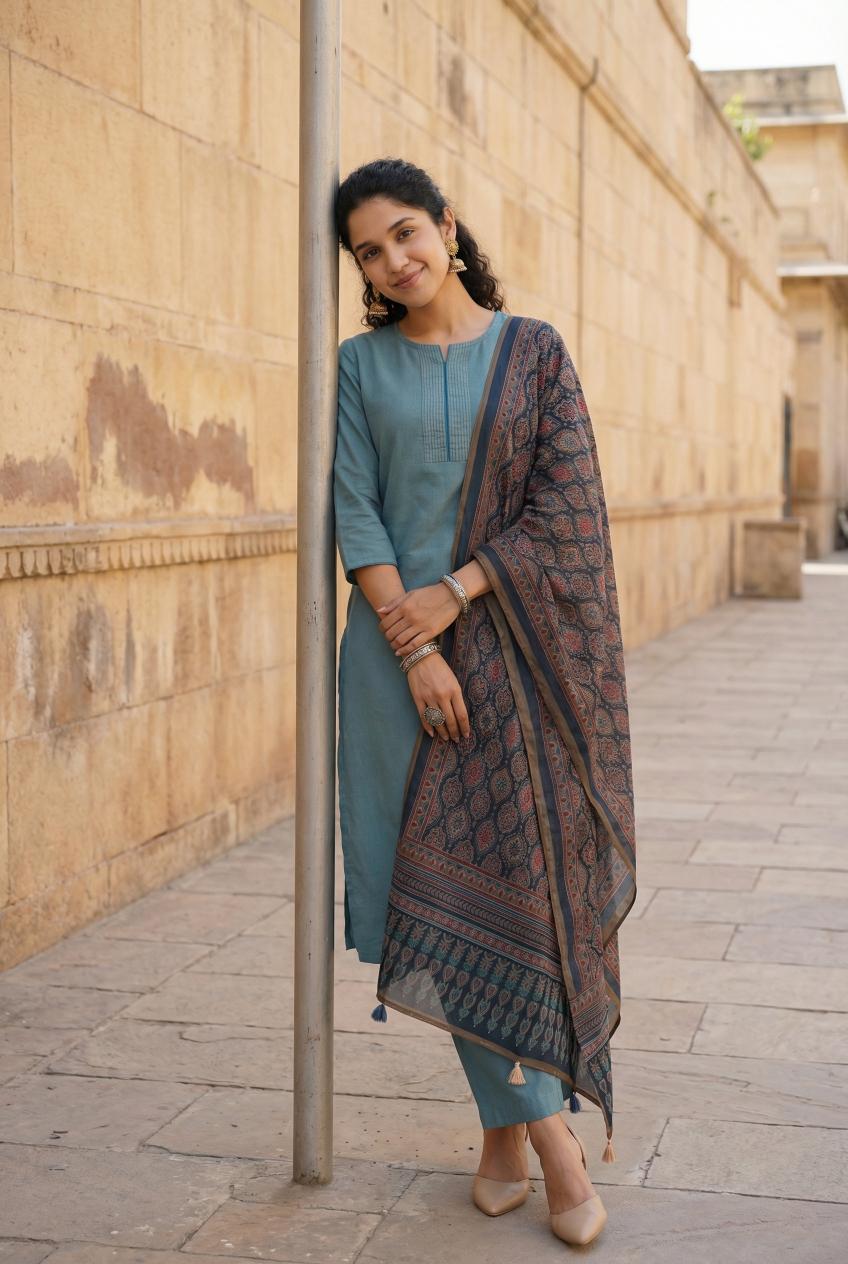Blue Round Neck Cotton Flex Kurta Set For Women
