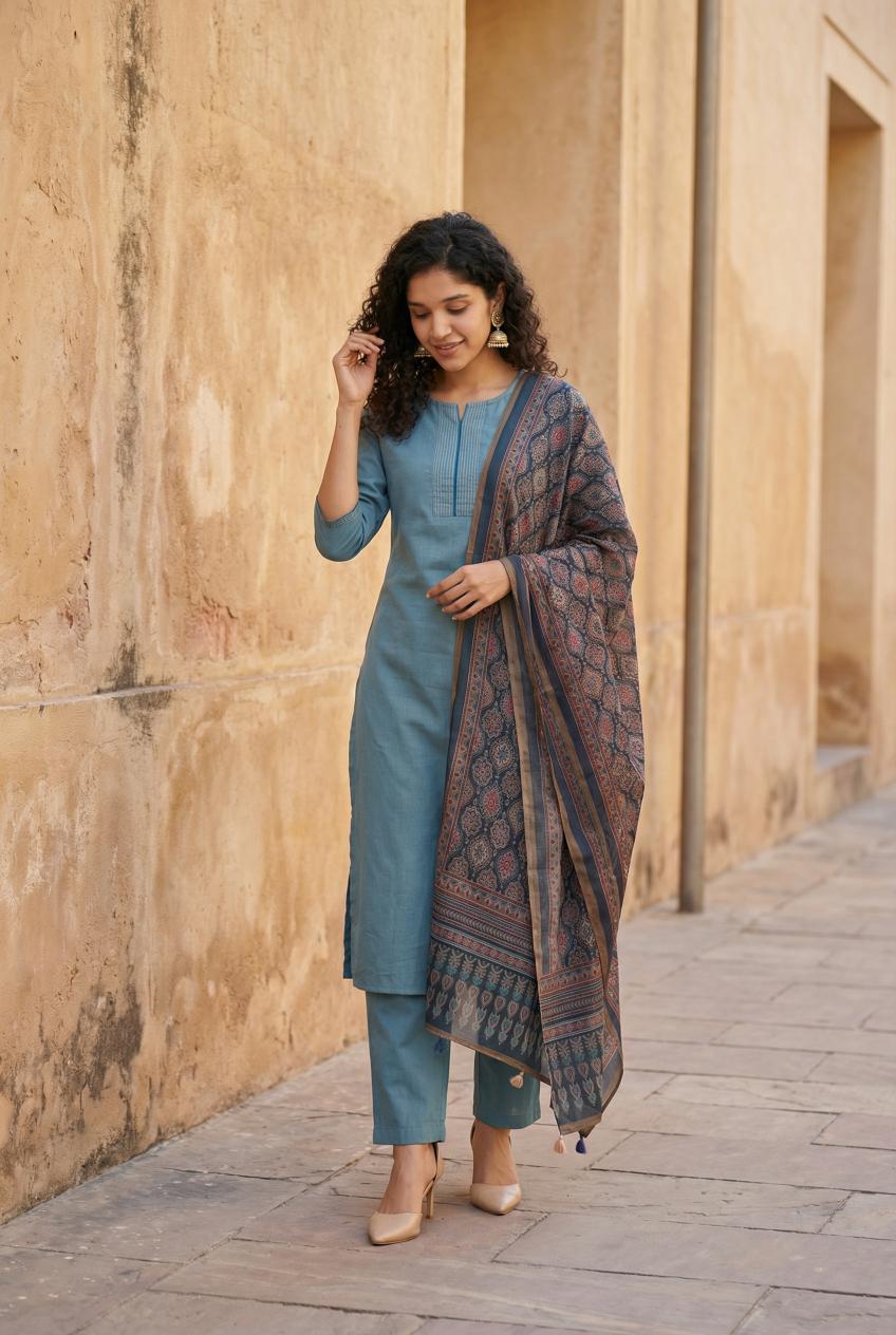 Blue Round Neck Cotton Flex Kurta Set For Women