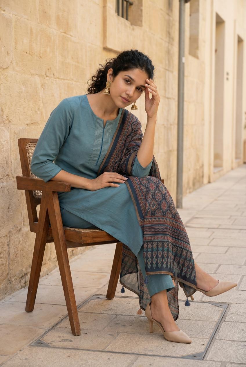 Blue Round Neck Cotton Flex Kurta Set For Women