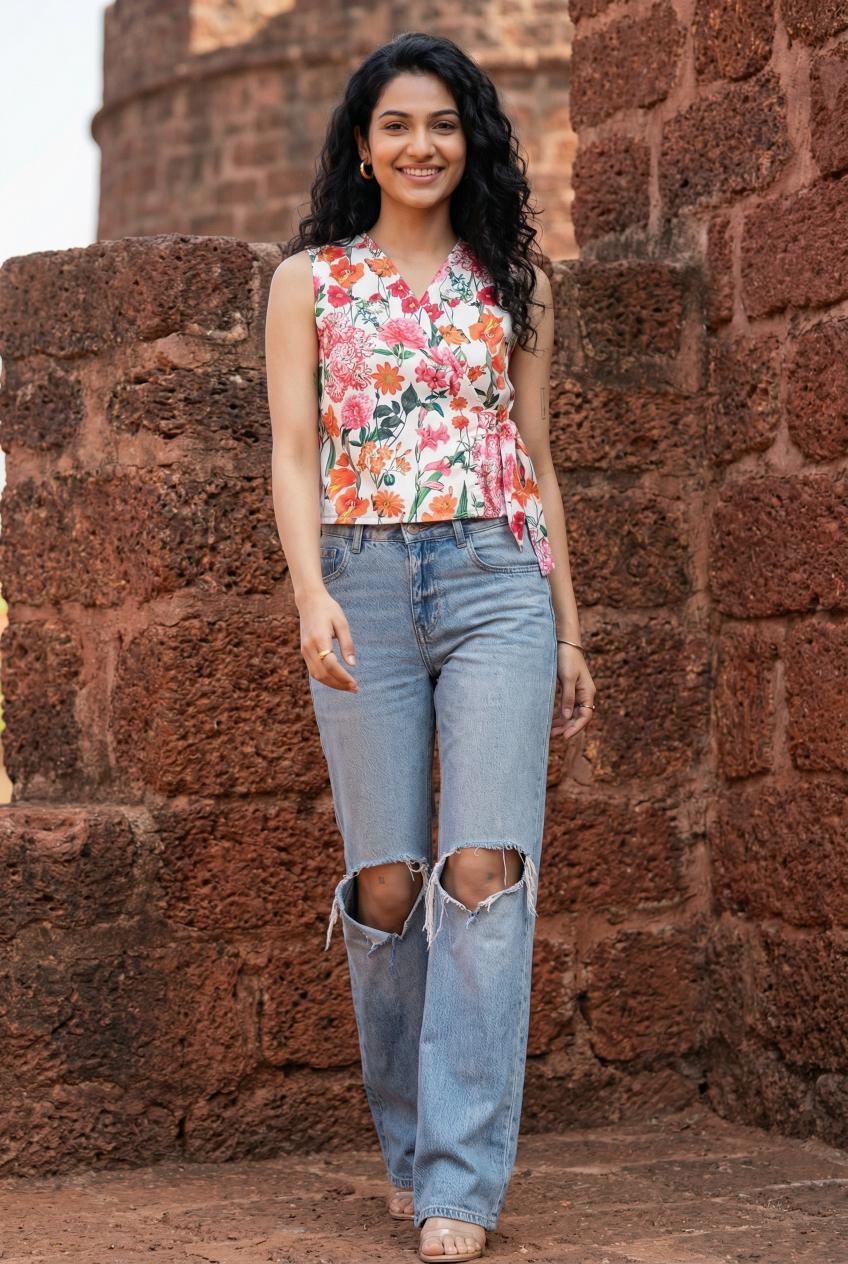 White Floral Printed Wrap Top For Women