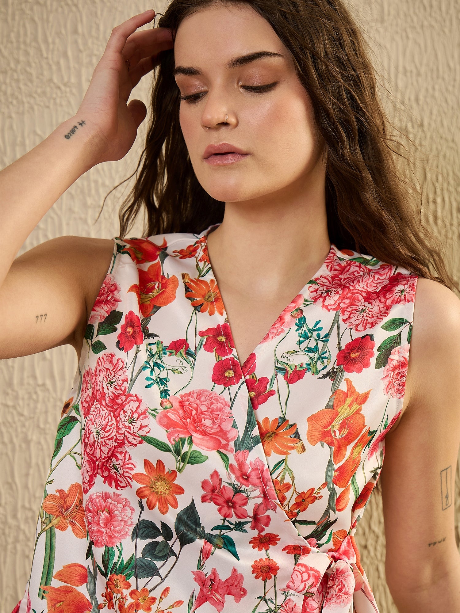 White Foral Printed Wrap Top