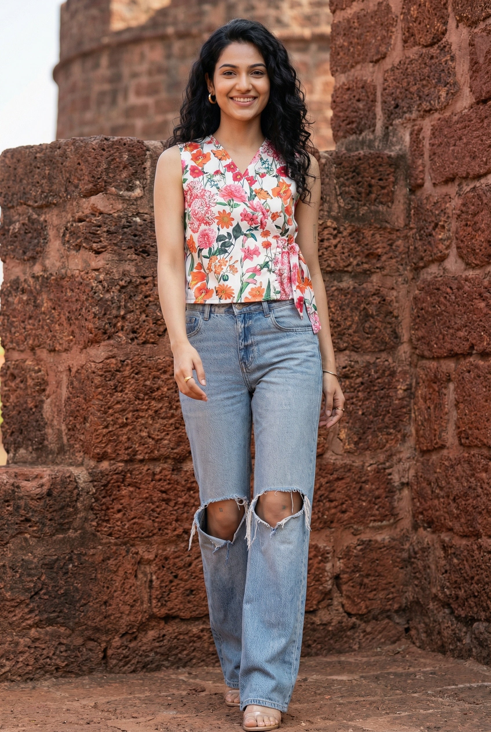 White Floral Printed Wrap Top For Women
