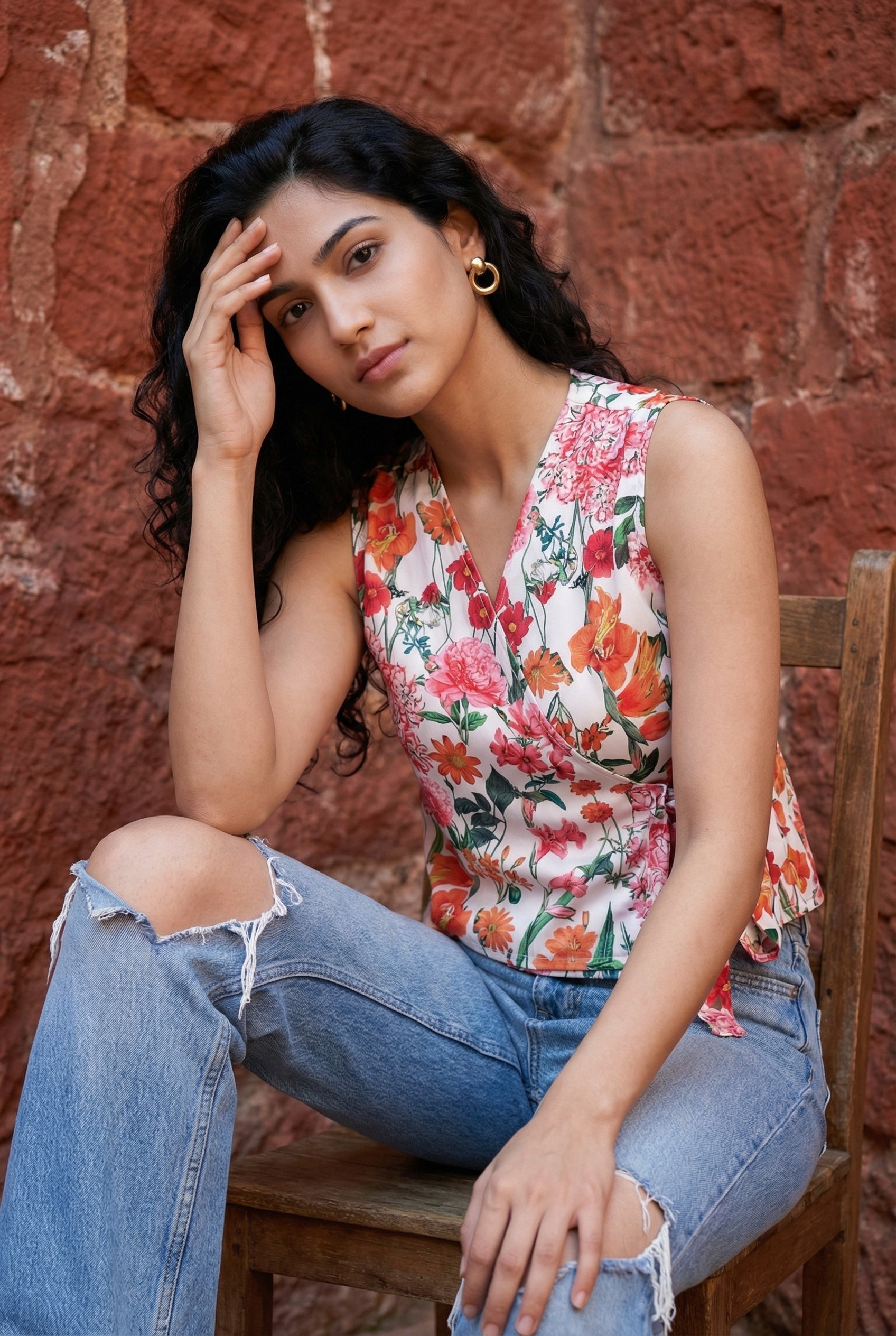 White Floral Printed Wrap Top For Women