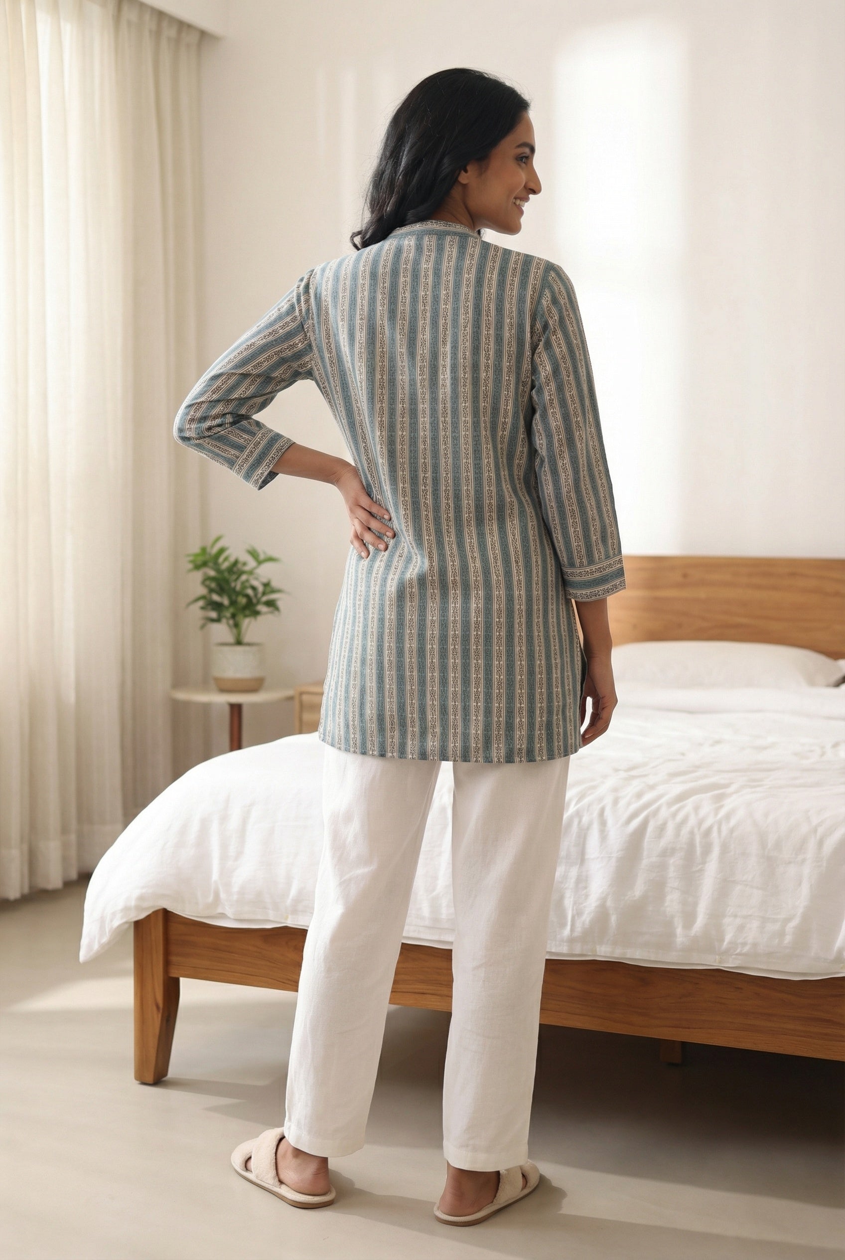 Sea Green Stripes Print Cotton Round Neck Top For Women