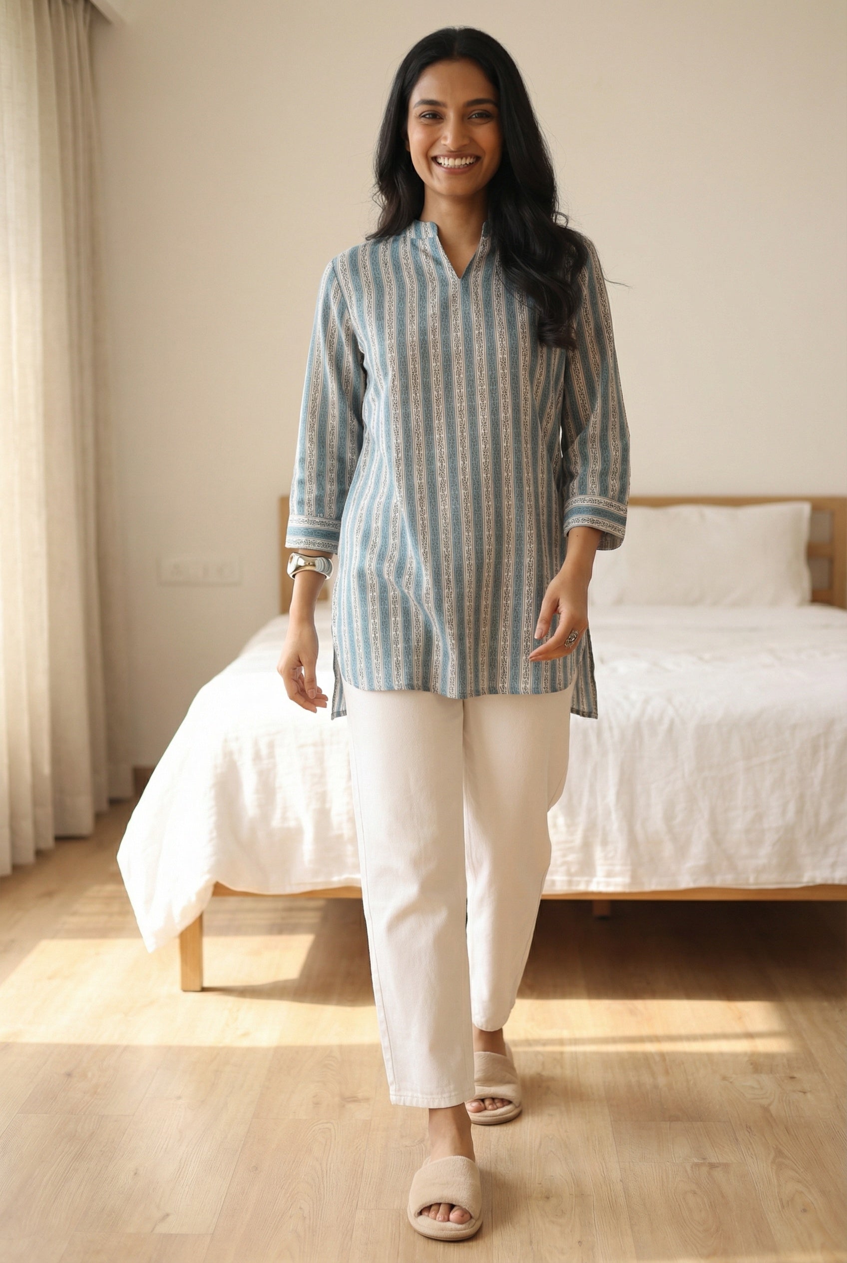 Sea Green Stripes Print Cotton Round Neck Top For Women