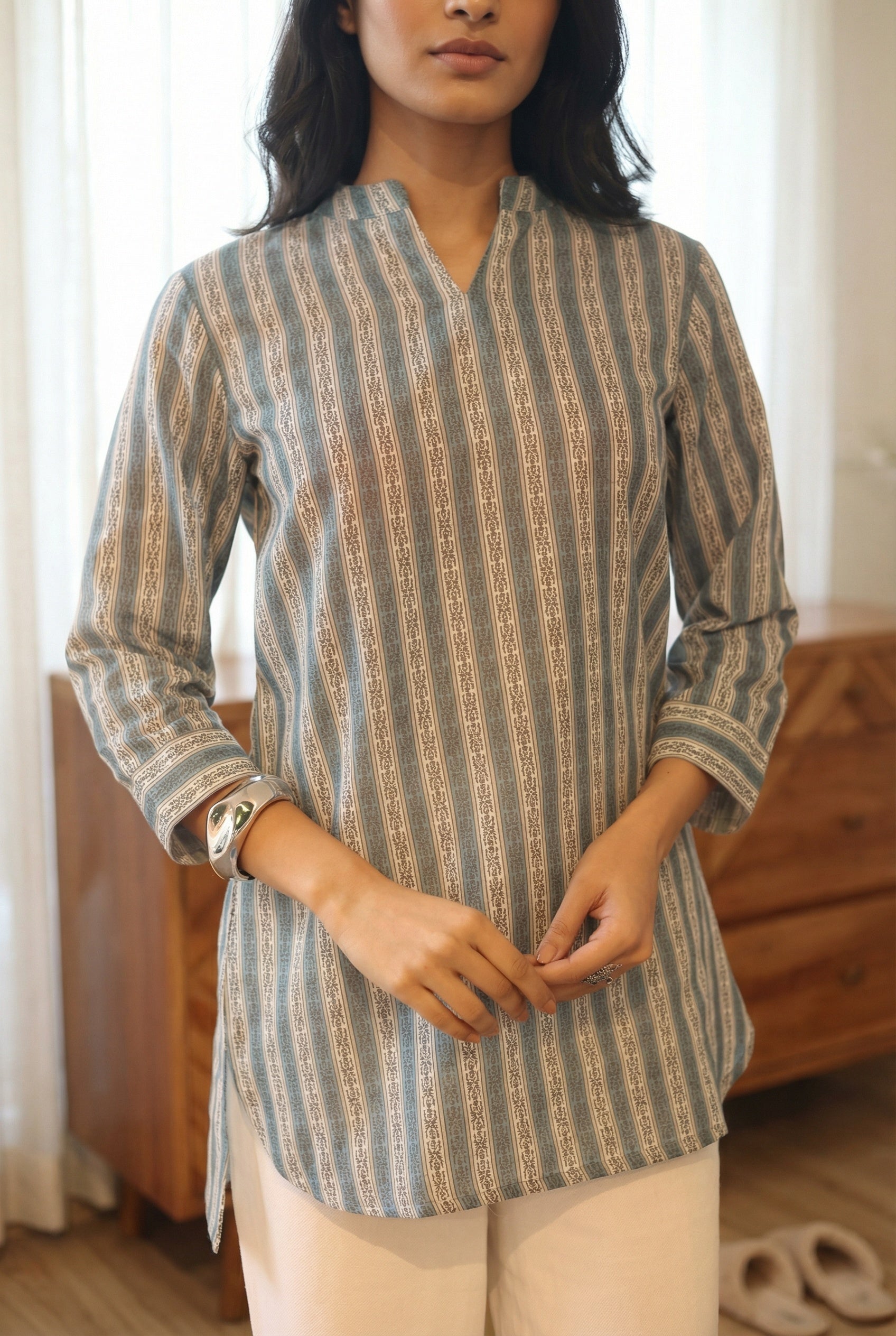 Sea Green Stripes Print Cotton Round Neck Top For Women