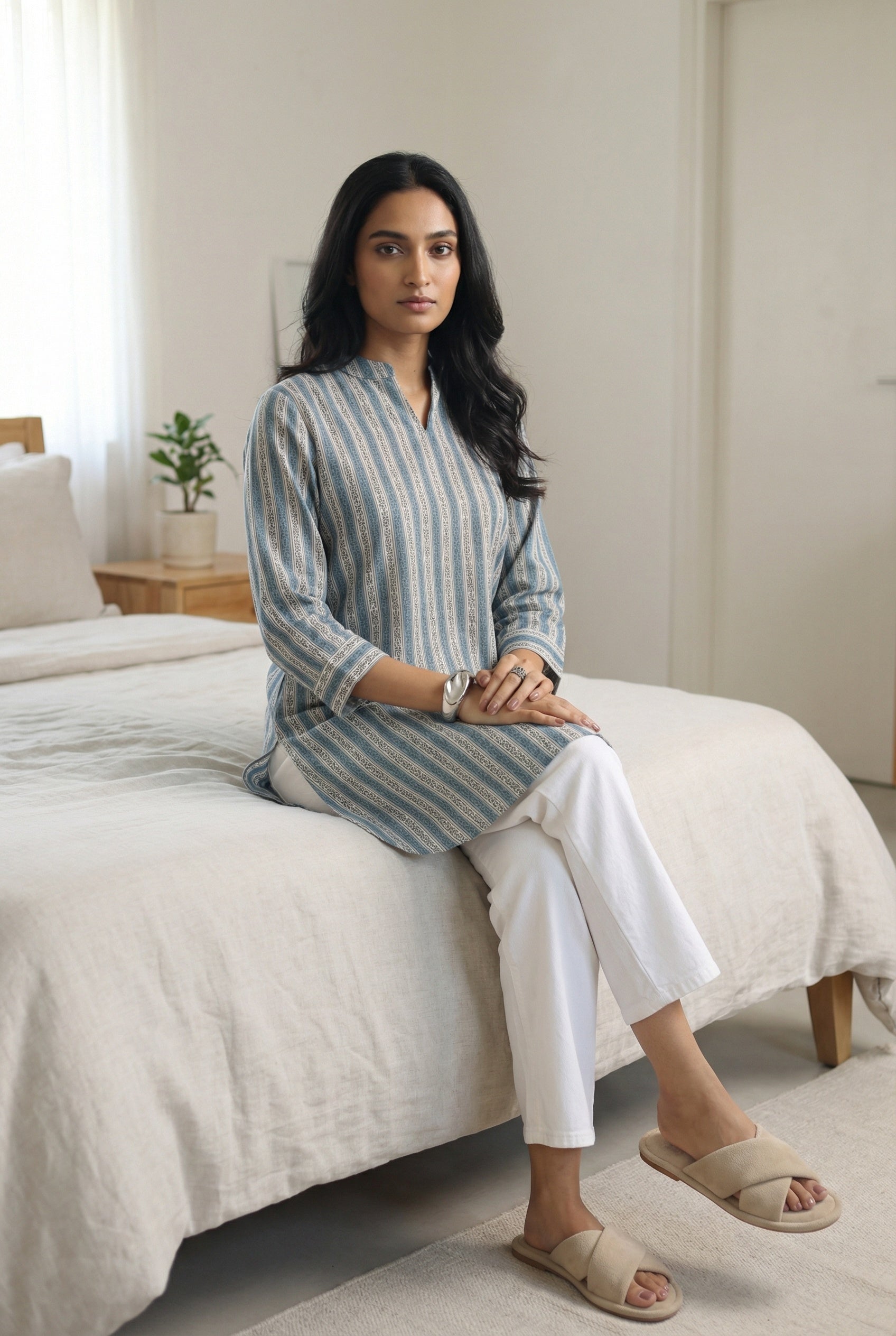 Sea Green Stripes Print Cotton Round Neck Top For Women