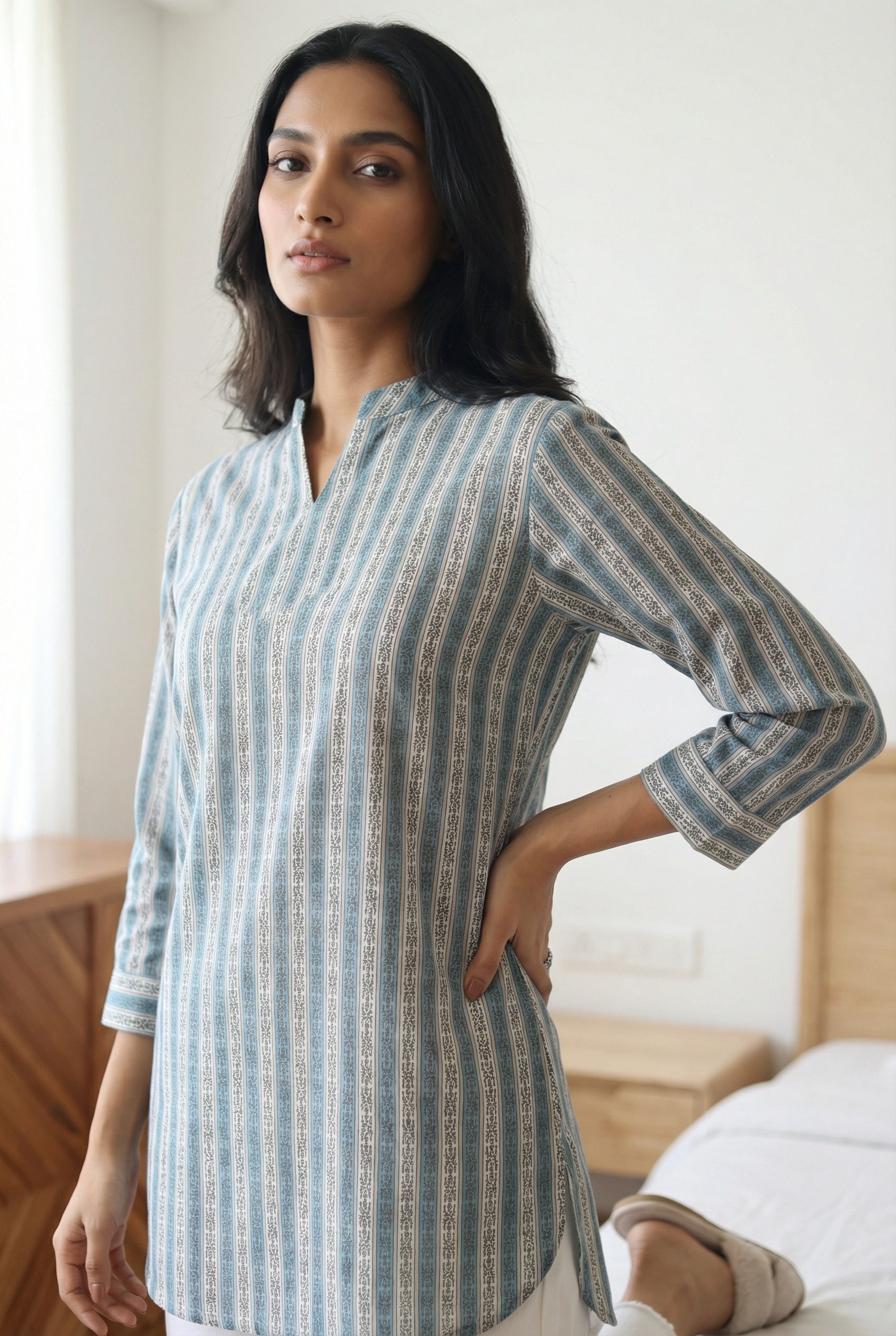 Sea Green Stripes Print Cotton Round Neck Top For Women