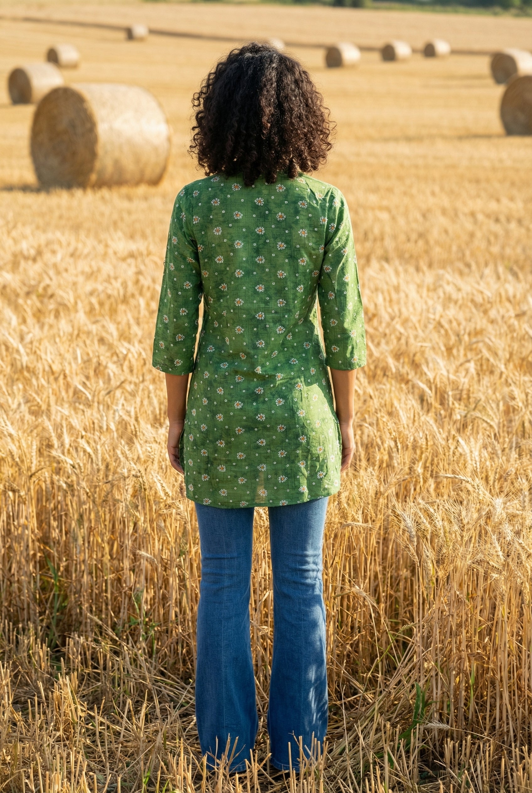 Green Solid Print V-Neck Cotton Top for Women