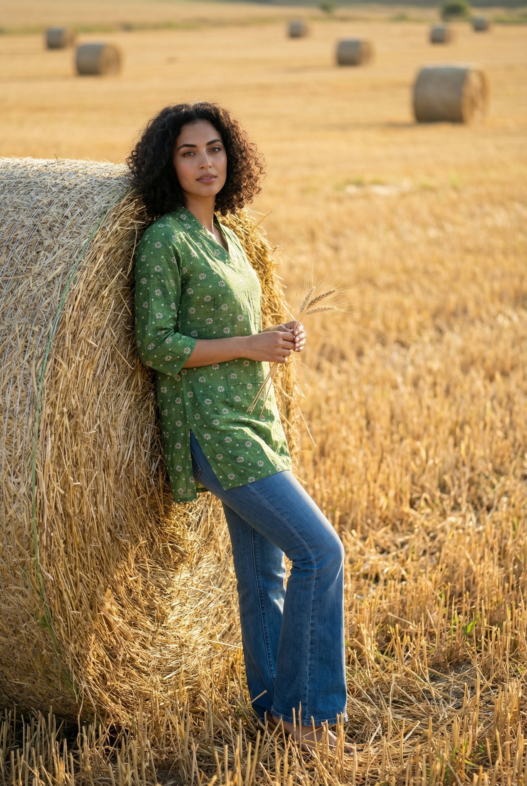 Green Solid Print V-Neck Cotton Top for Women