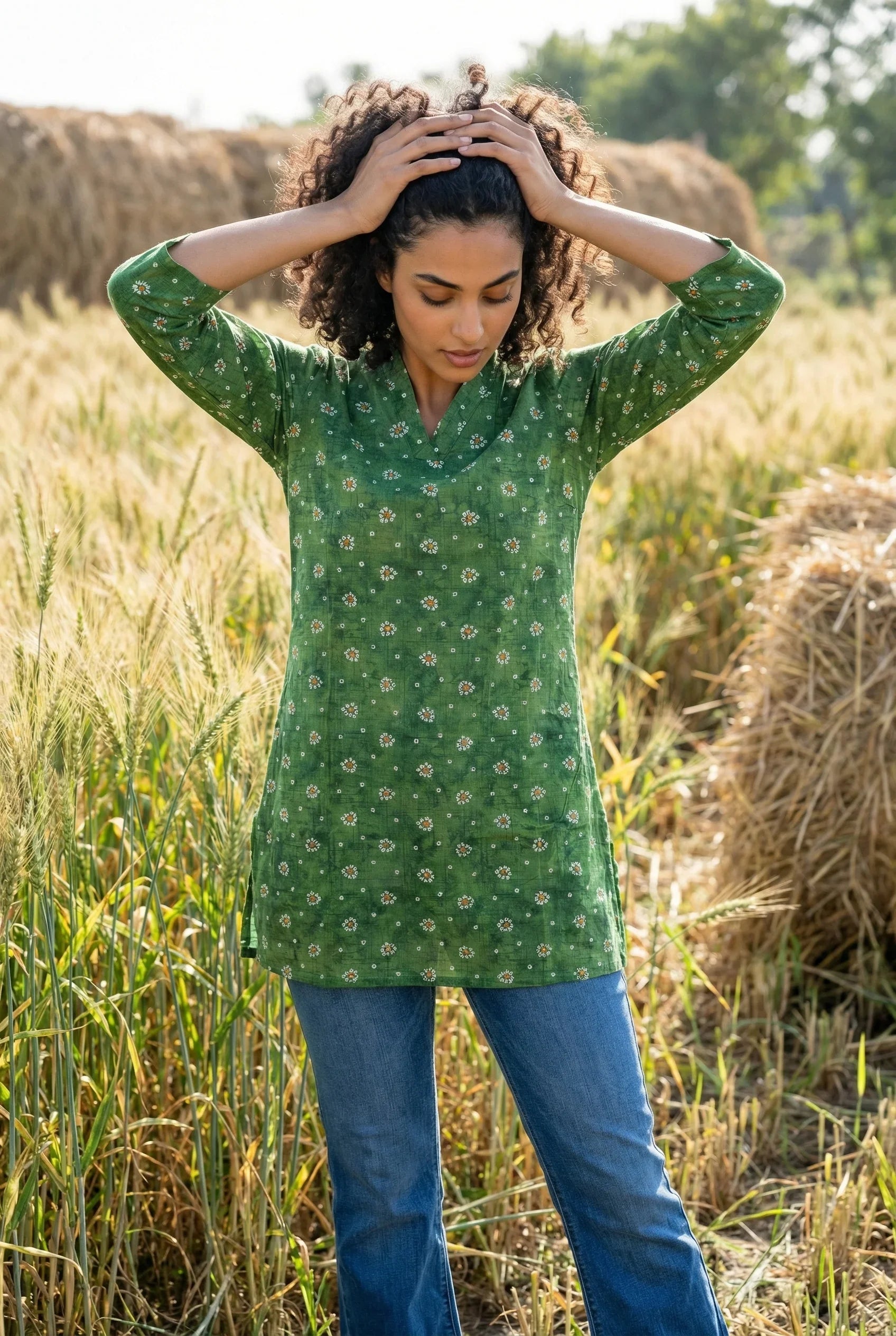 Green Solid Print V-Neck Cotton Top for Women - SanskrutiHomes
