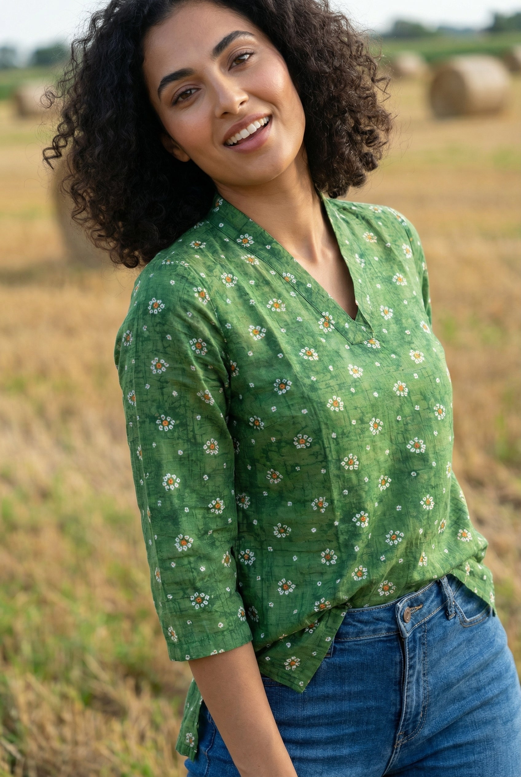 Green Solid Print V-Neck Cotton Top for Women