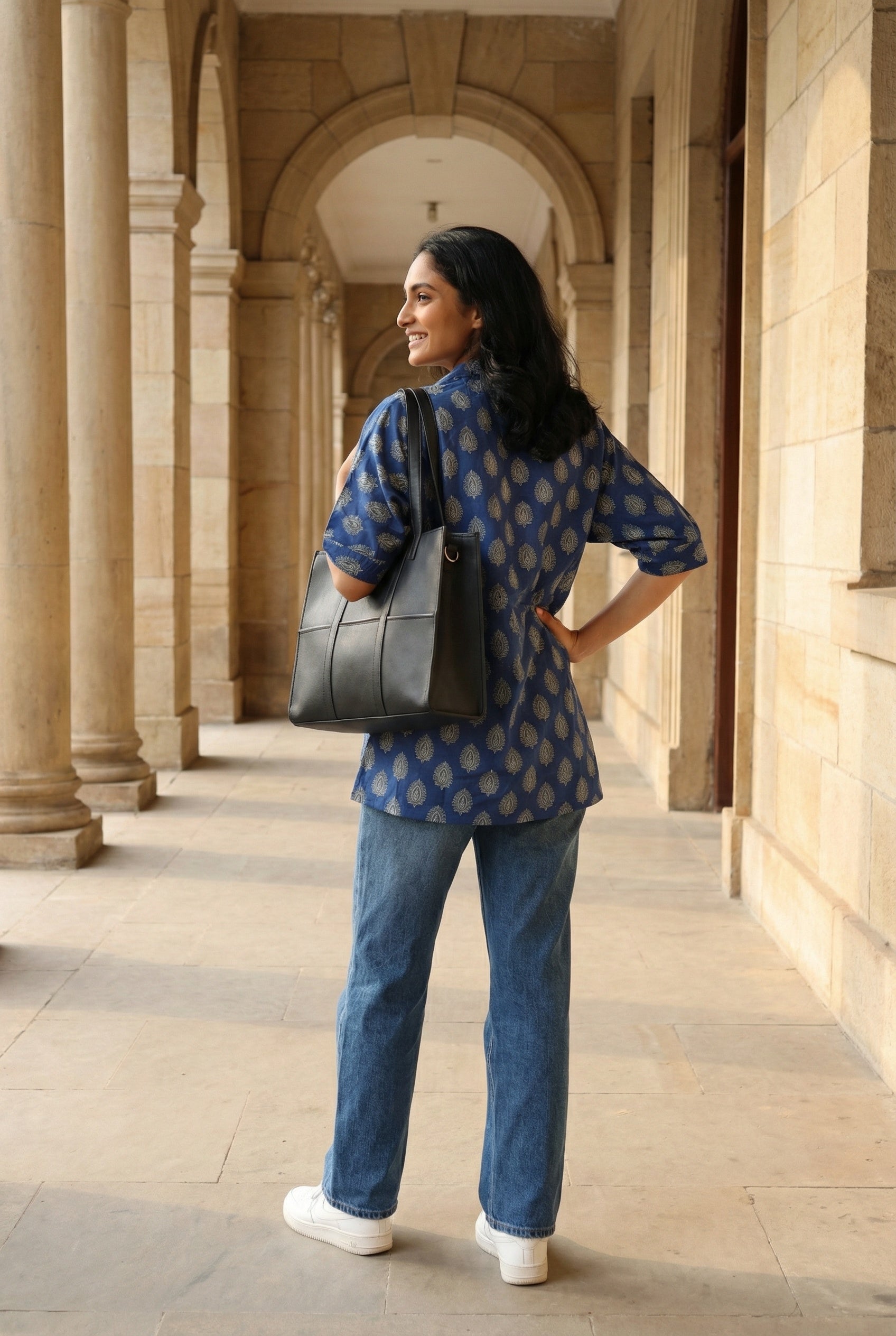 Blue Shirt Collar Floral Print Cotton Top For Women