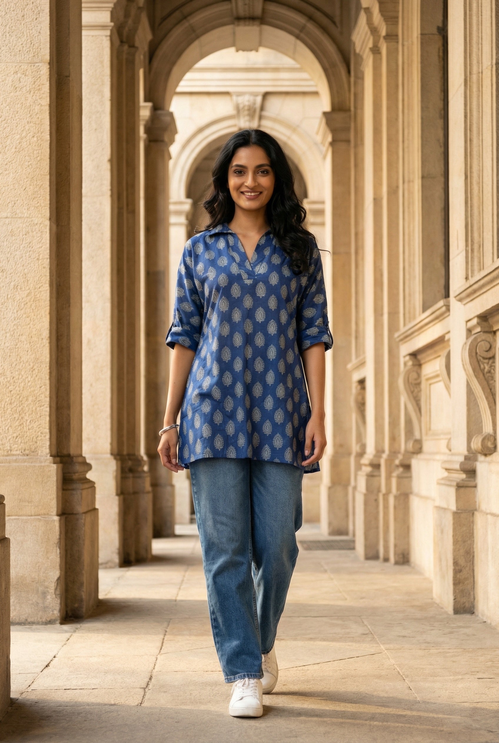 Blue Shirt Collar Floral Print Cotton Top For Women