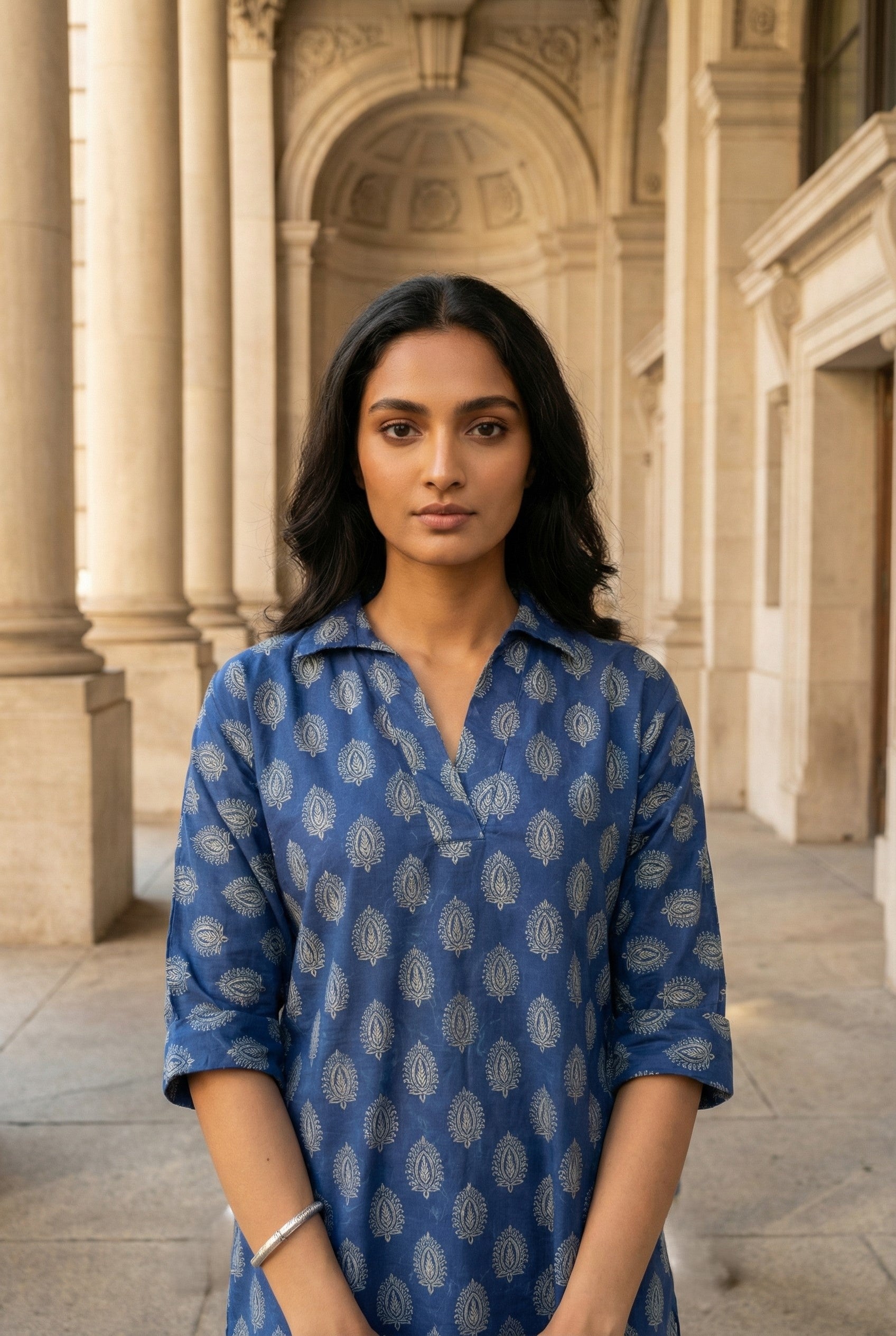 Blue Shirt Collar Floral Print Cotton Top For Women