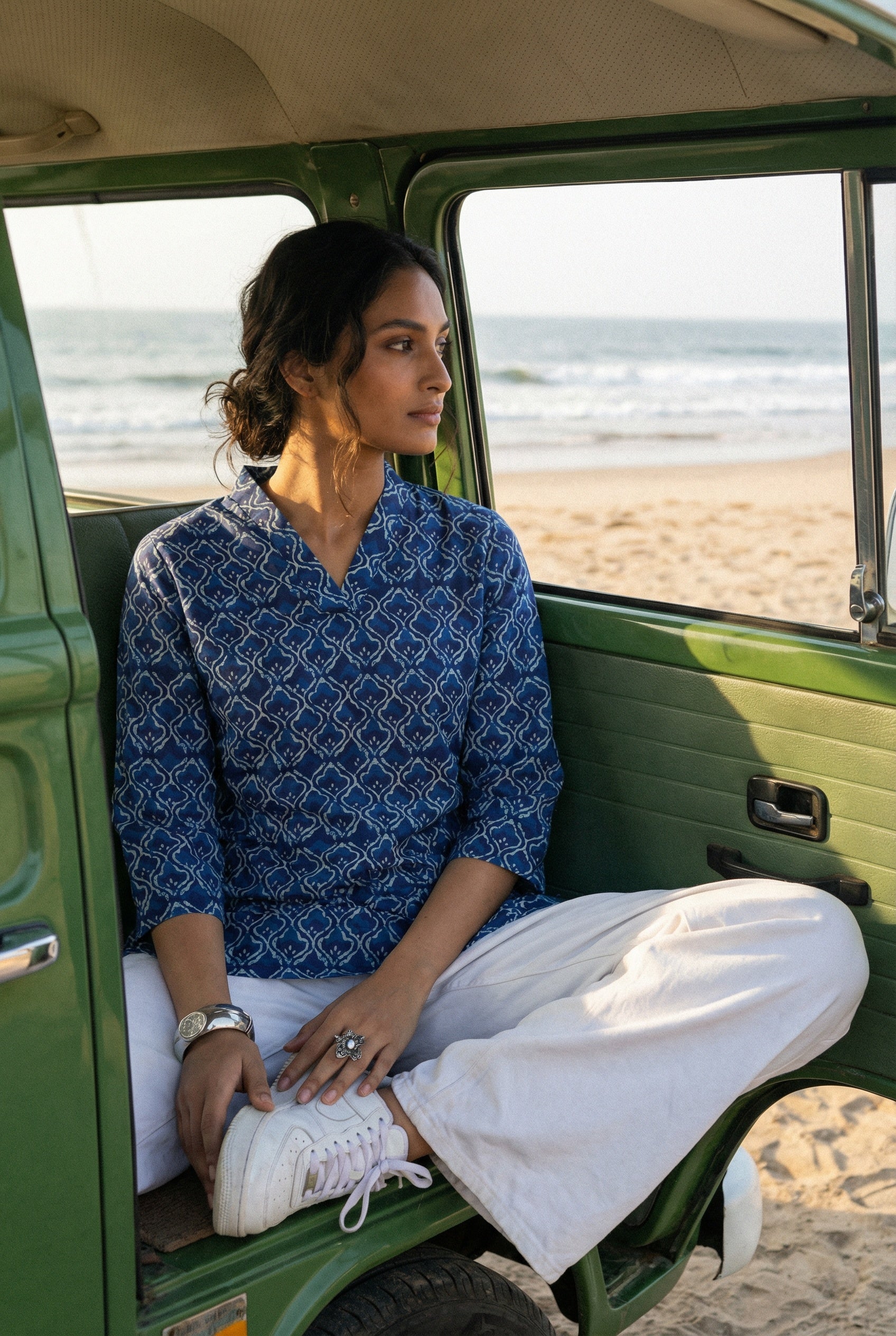 Blue V-Neck Geometric Print Cotton Top For Women