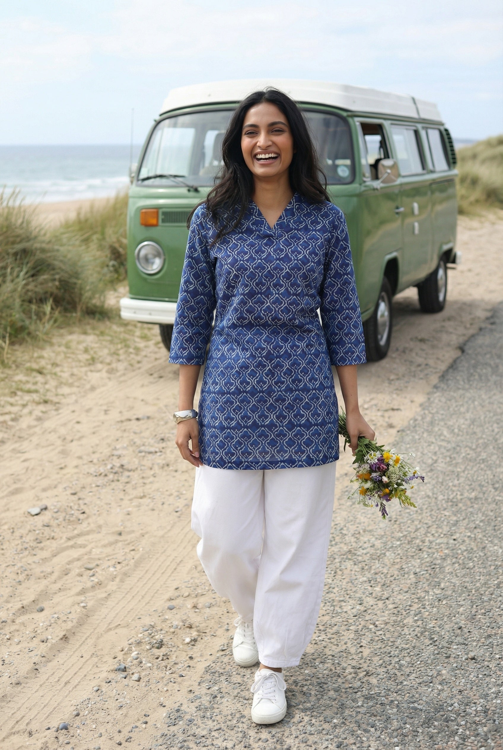 Blue V-Neck Geometric Print Cotton Top For Women