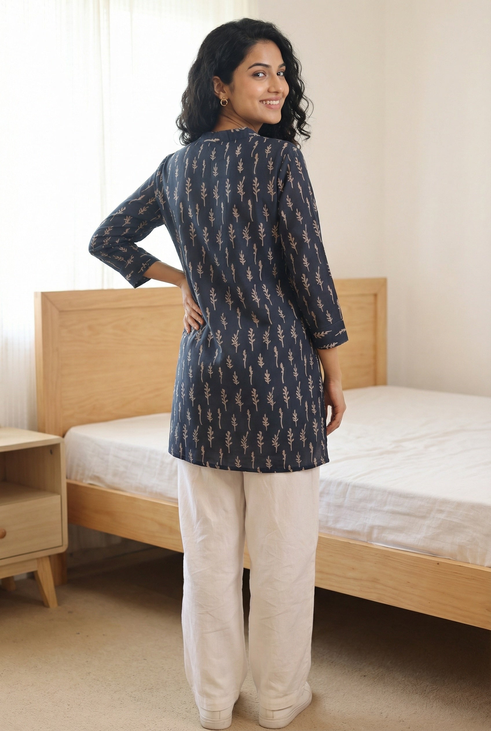 Blue Mandarin Collar Floral Print Cotton Top For Women