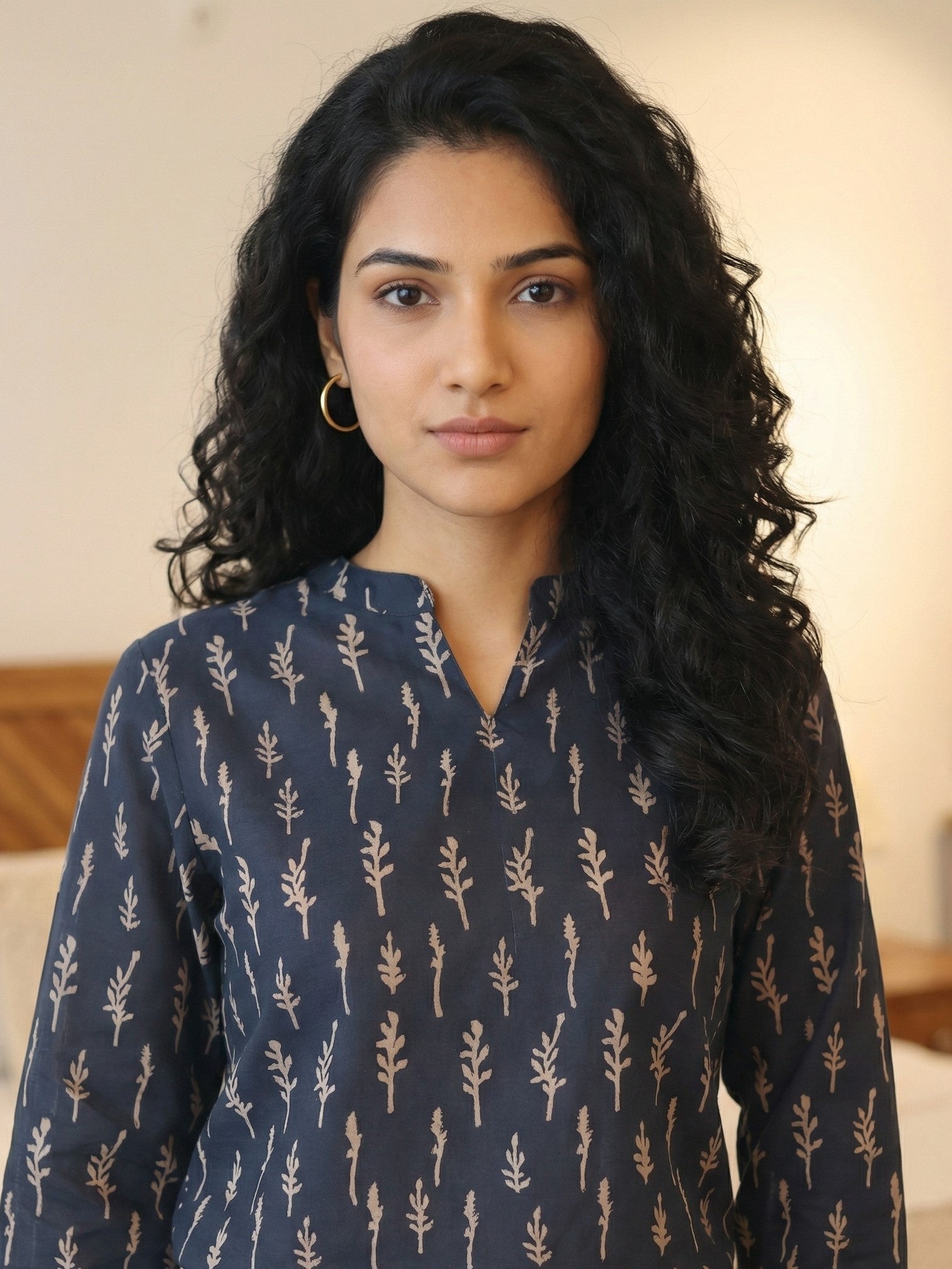 Blue Mandarin Collar Floral Print Cotton Top For Women